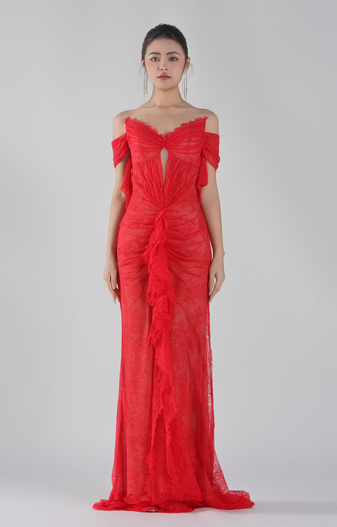 Ruched Lace Off Shoulder Trailing Dress with Ribbon