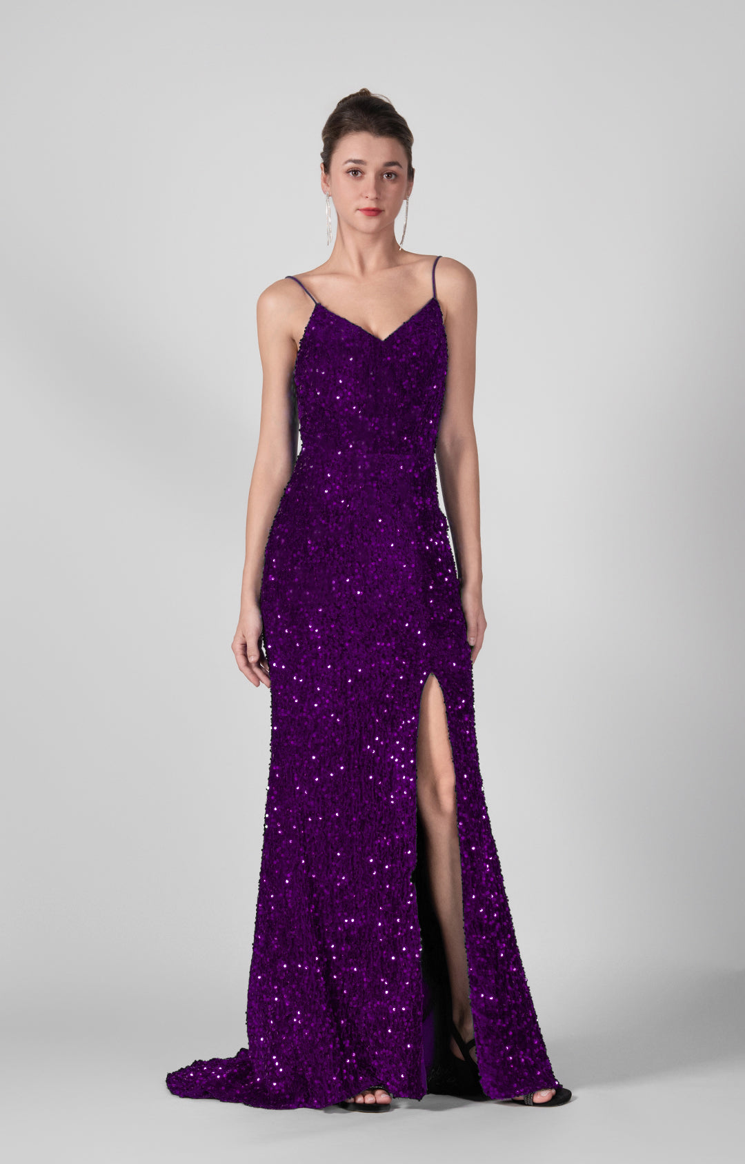 Spaghetti Straps Sequin High Slit Backless Dresses