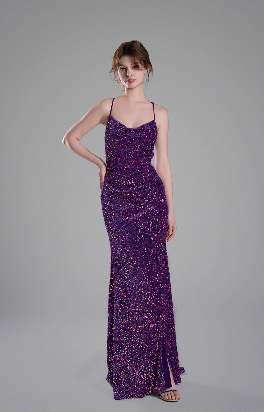 Cowl Neckline Eye-Catching Sequin Lace-Up Dresses