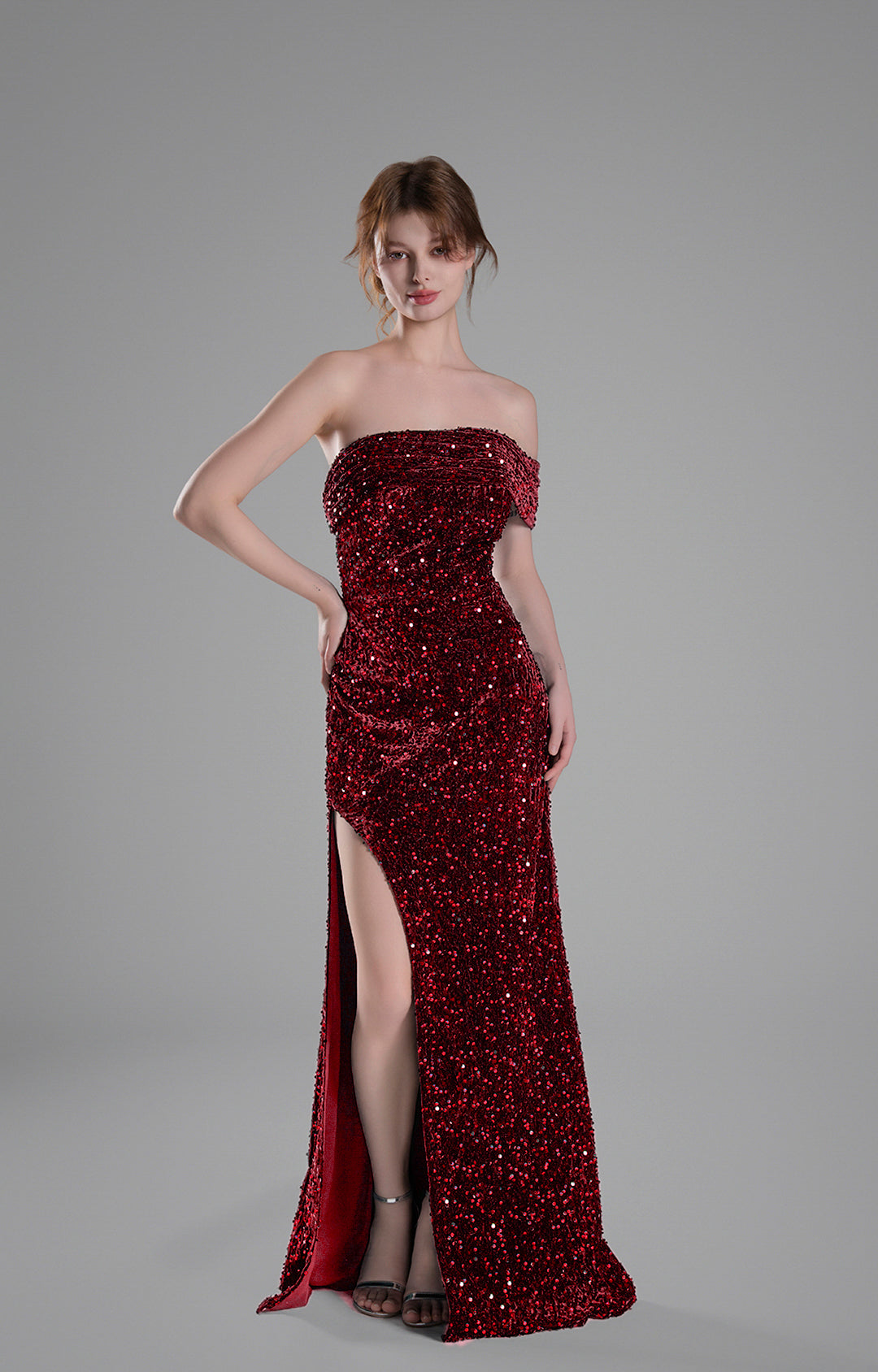 Off-Shoulder Draped Mieder Pailletten Schwungvolle Kleider