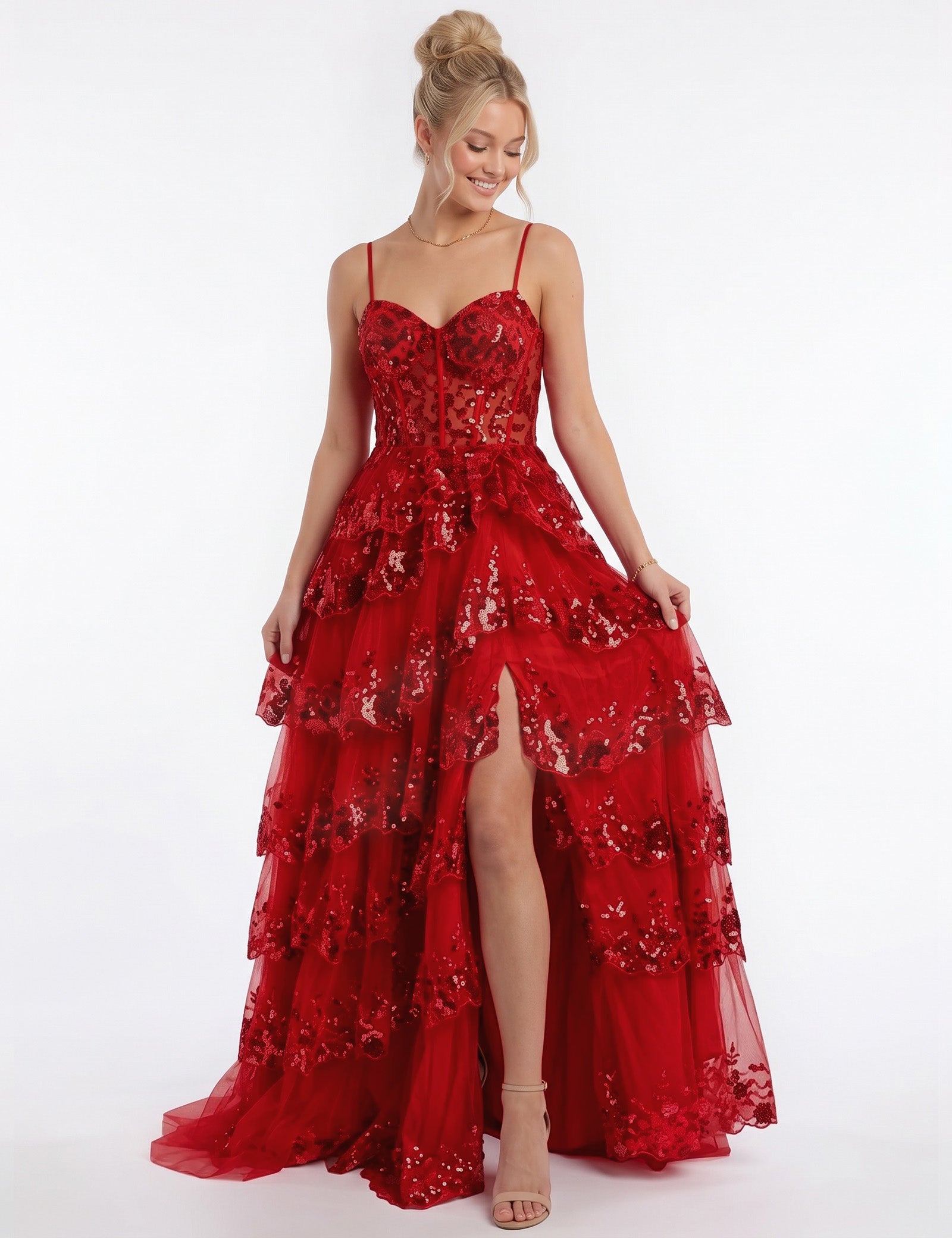 Sweetheart Spaghetti Strap Sequin Tiered Tulle Prom Dress
