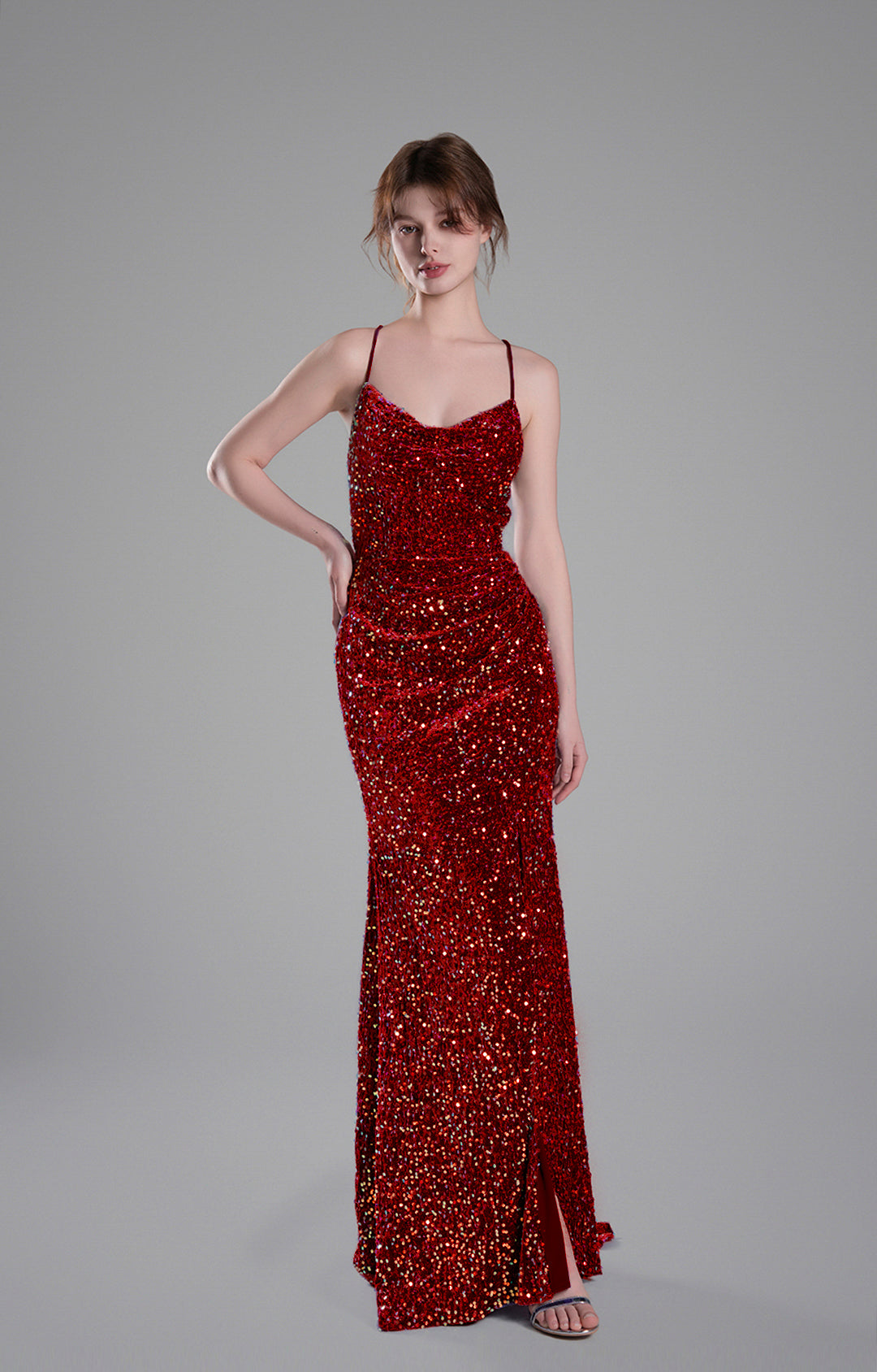 Cowl Neckline Eye-Catching Sequin Lace-Up Dresses