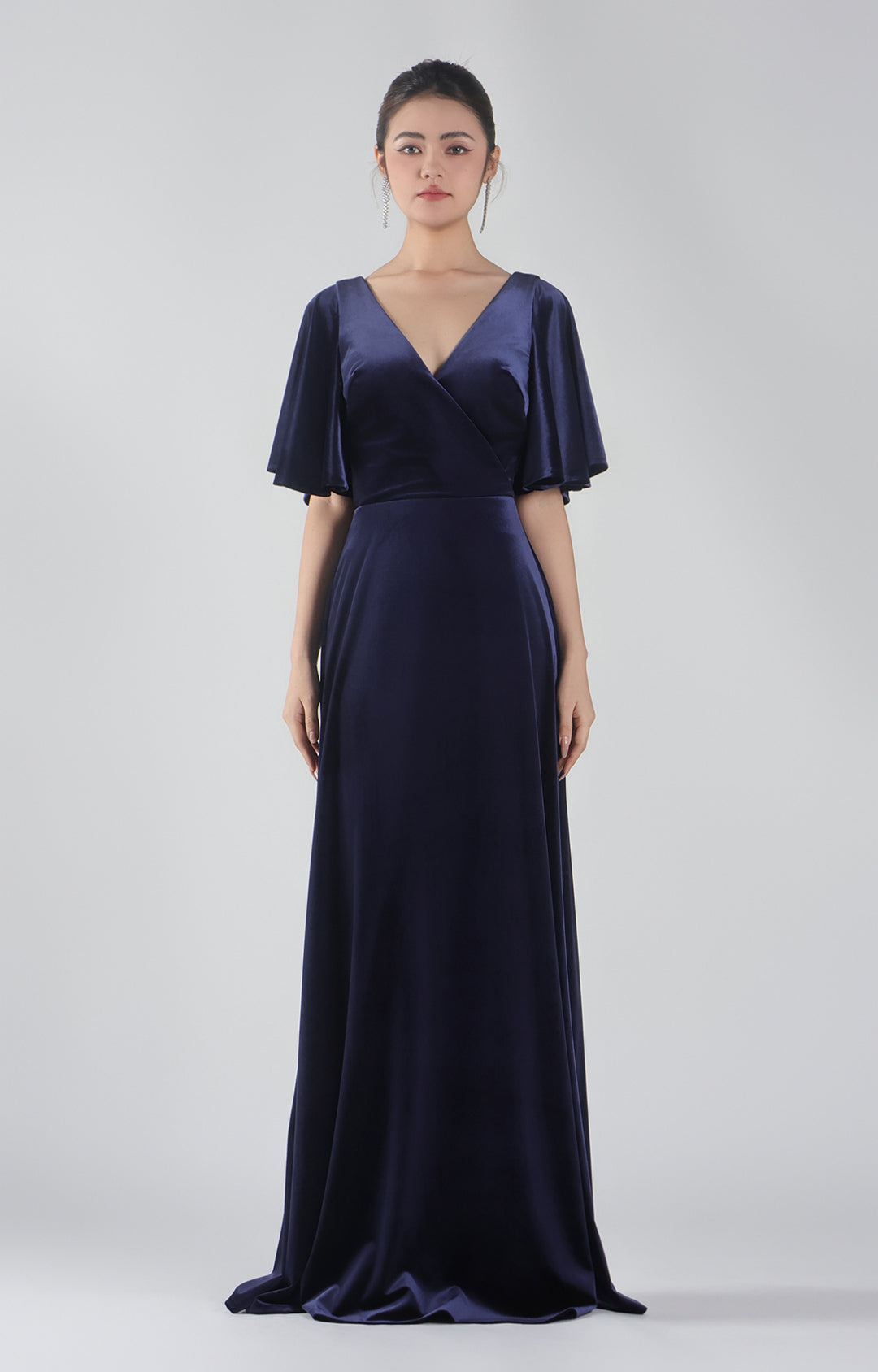Velvet Flutter Half Sleeve V-Neck Floor Length Dresses