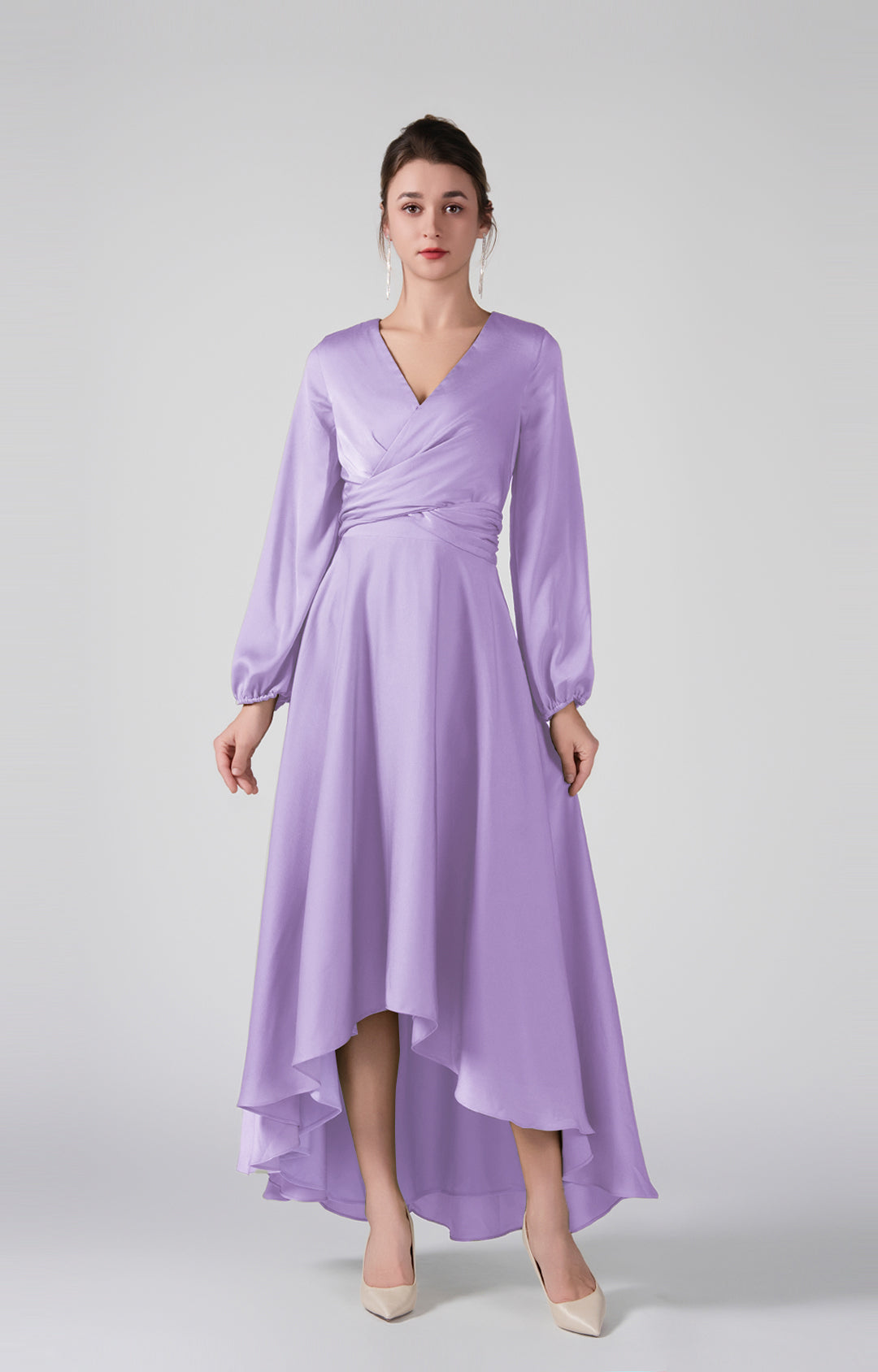 Elegant V-Neck Long Sleeves Wrapped Bodice High-Low Dresses