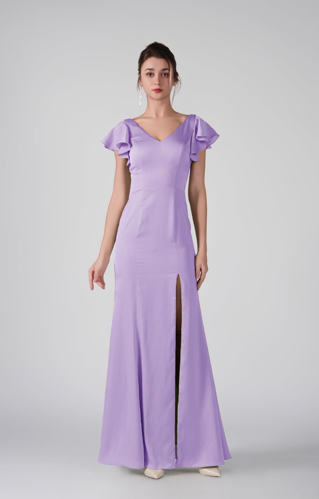 Flutter Sleeves V-Neck Fitted Front Slit Dresses