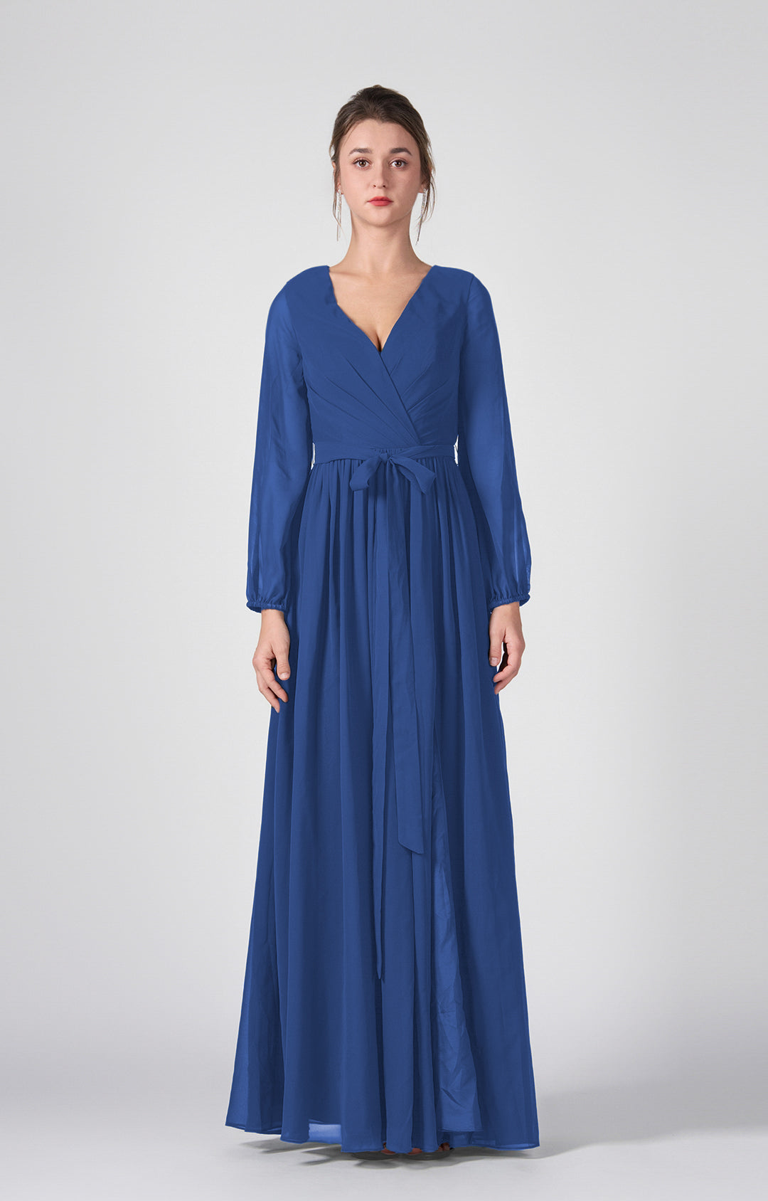 Ruched V-Neck Long Sleeve Split Maxi Dresses with Tie