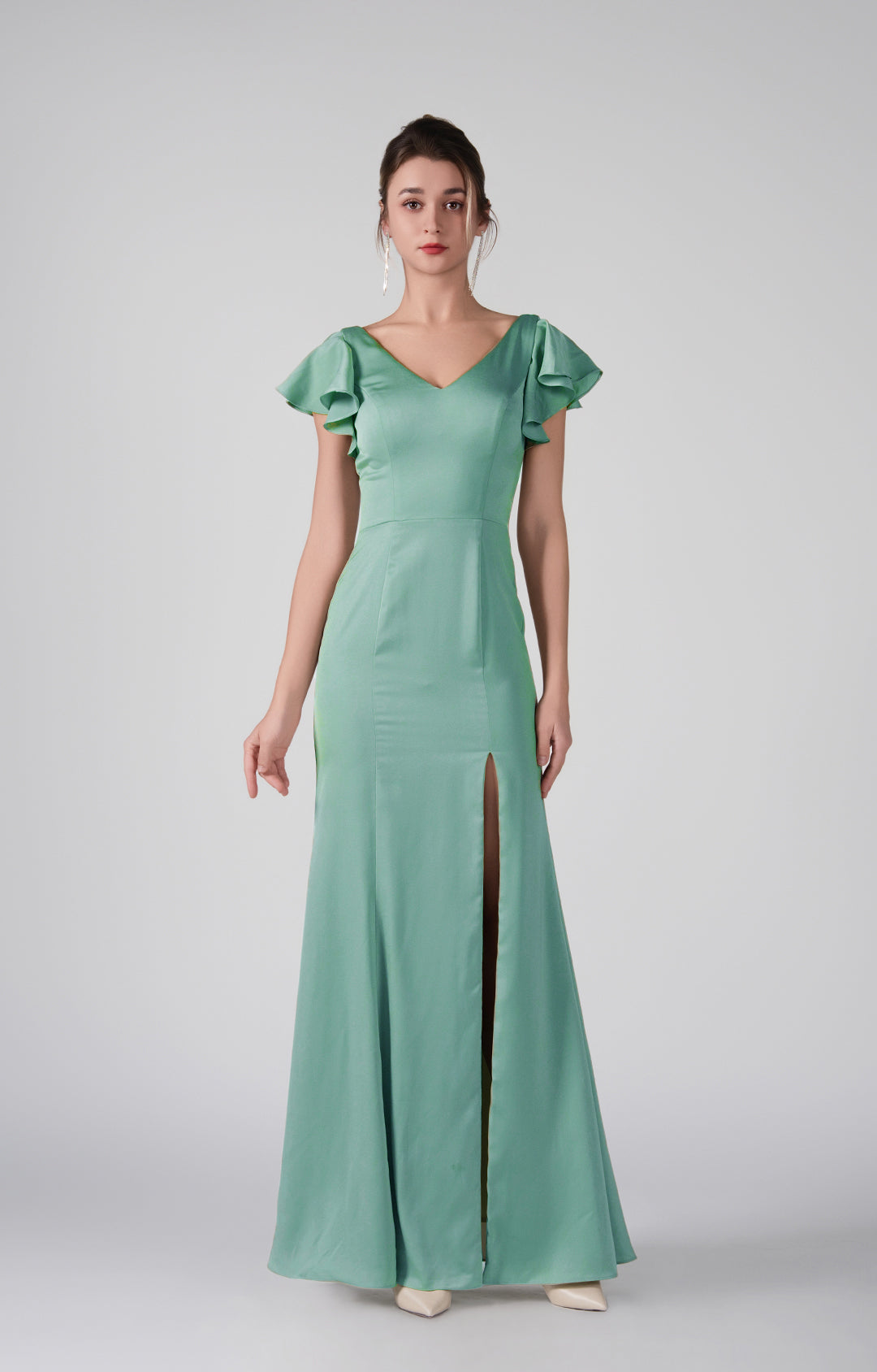 Flutter Sleeves V-Neck Fitted Front Slit Dresses