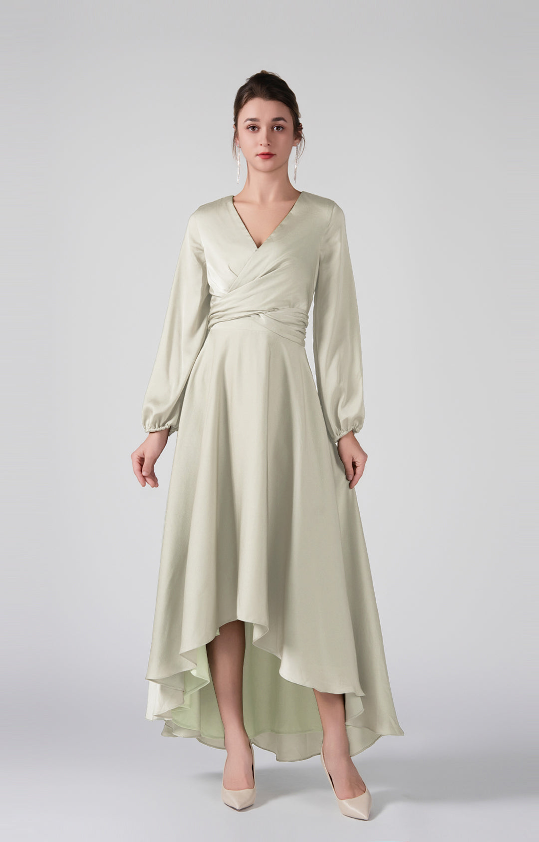 Elegant V-Neck Long Sleeves Wrapped Bodice High-Low Dresses