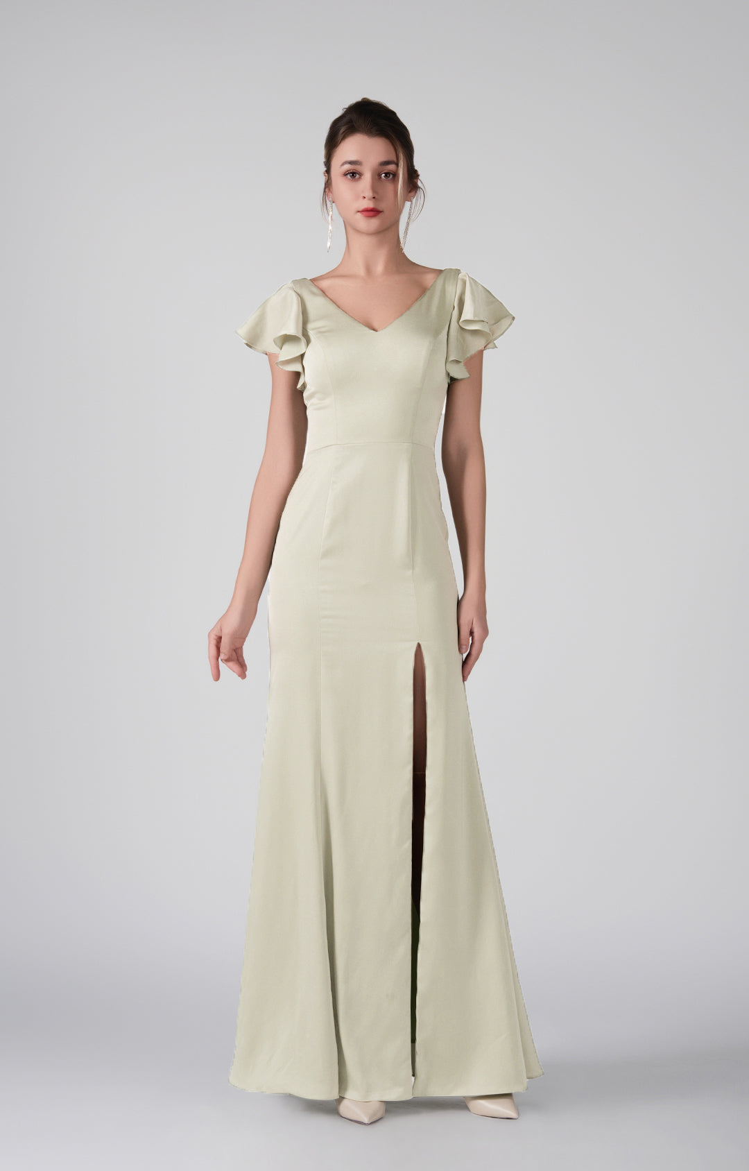 Flutter Sleeves V-Neck Fitted Front Slit Dresses