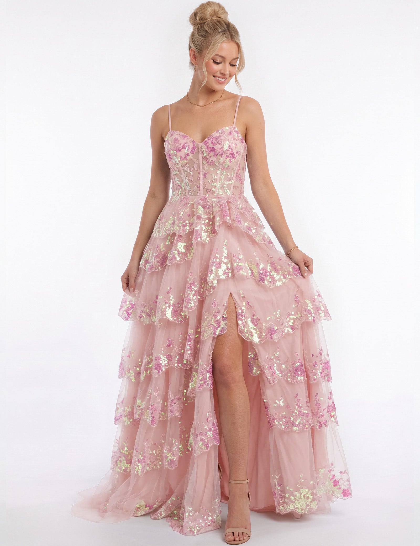 Sweetheart Spaghetti Strap Sequin Tiered Tulle Prom Dress