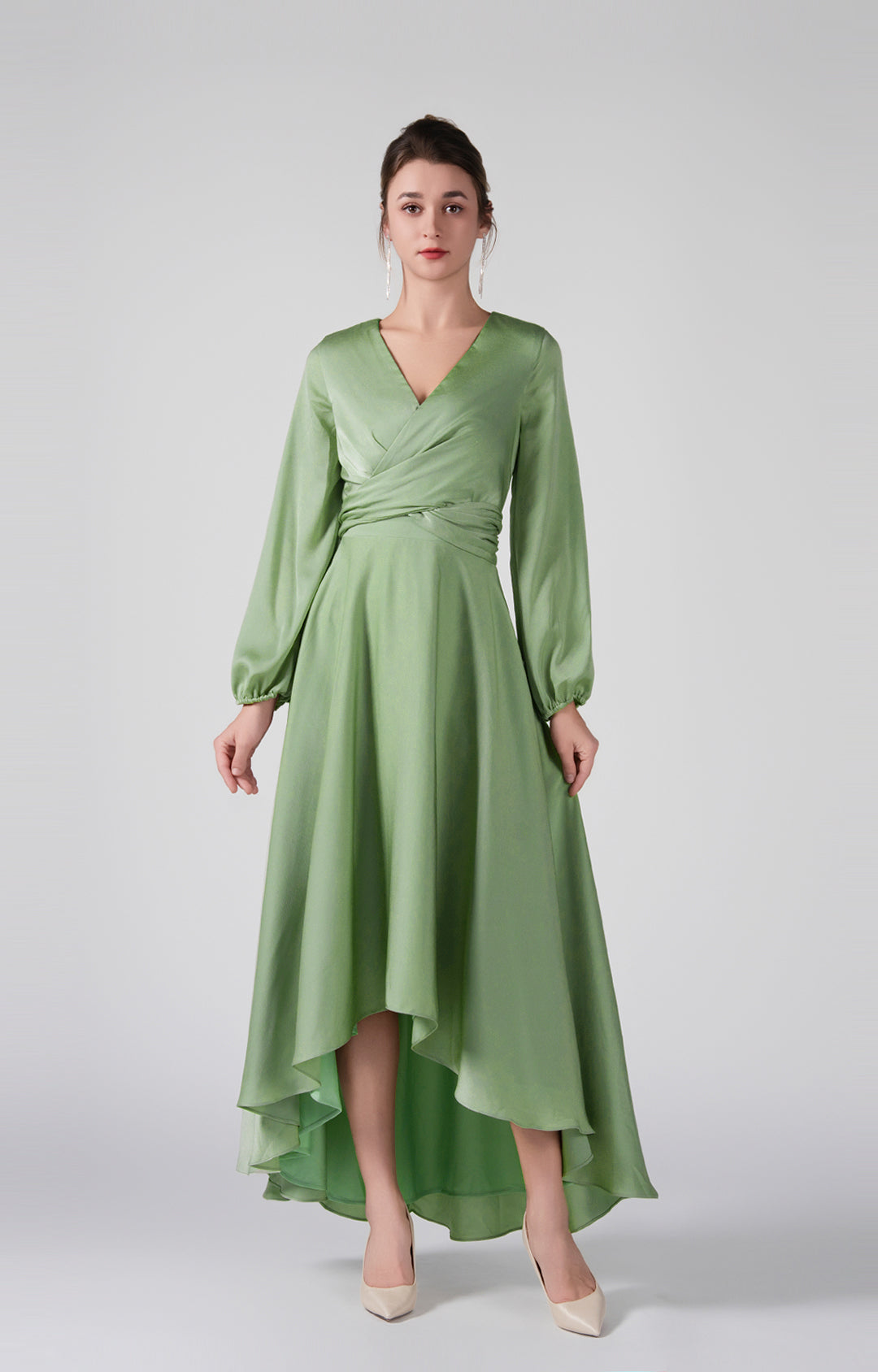 Elegant V-Neck Long Sleeves Wrapped Bodice High-Low Dresses