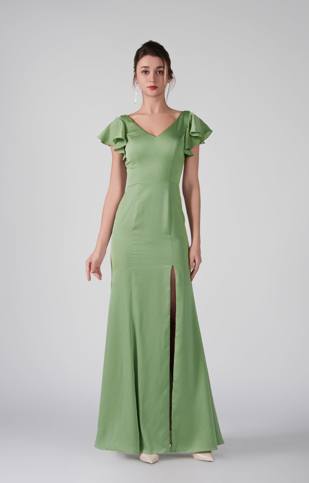 Flutter Sleeves V-Neck Fitted Front Slit Dresses