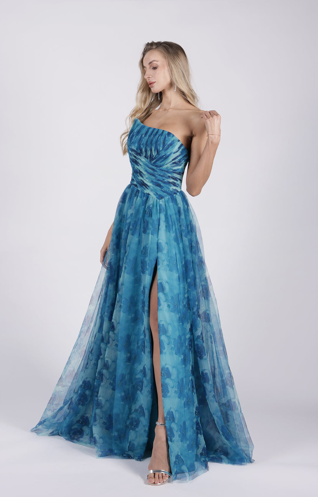 Strapless A-Line Pleats High Split Floral Printed Mesh Maxi Dress