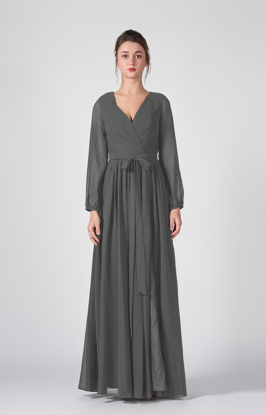 Ruched V-Neck Long Sleeve Split Maxi Dresses with Tie
