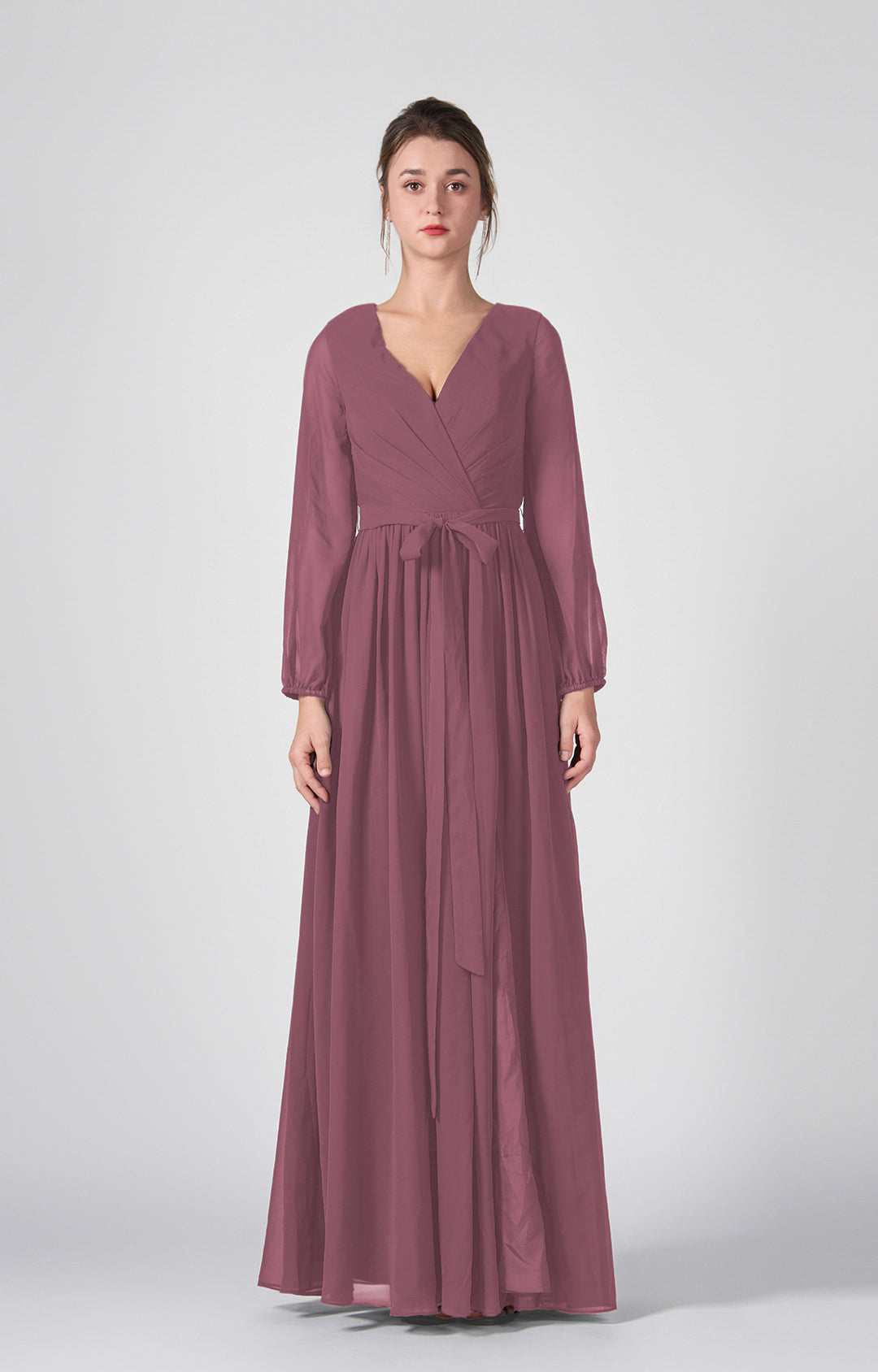 Ruched V-Neck Long Sleeve Split Maxi Dresses with Tie