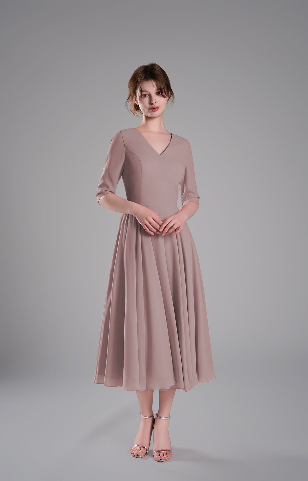 Elegant Chiffon Midi Dress with 3/4 Sleeves Elegant Chiffon Midi Dress with 3/4 Sleeves