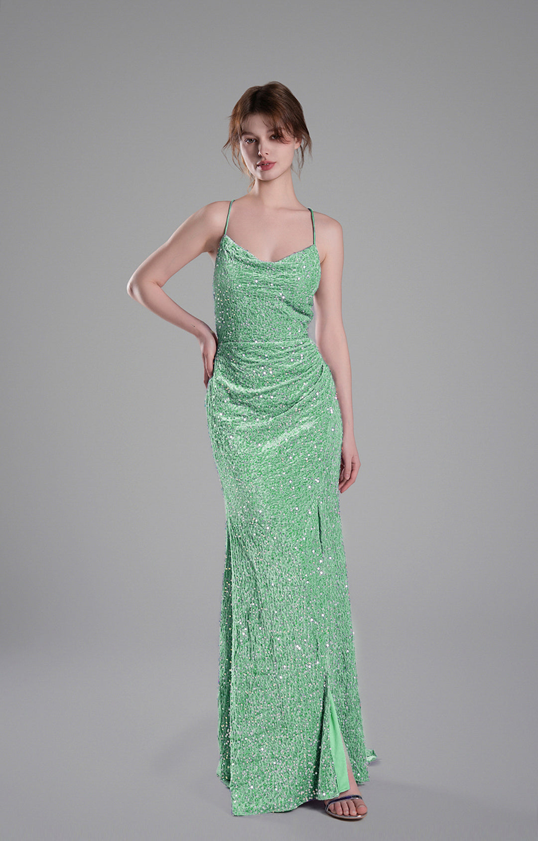 Cowl Neckline Eye-Catching Sequin Lace-Up Dresses