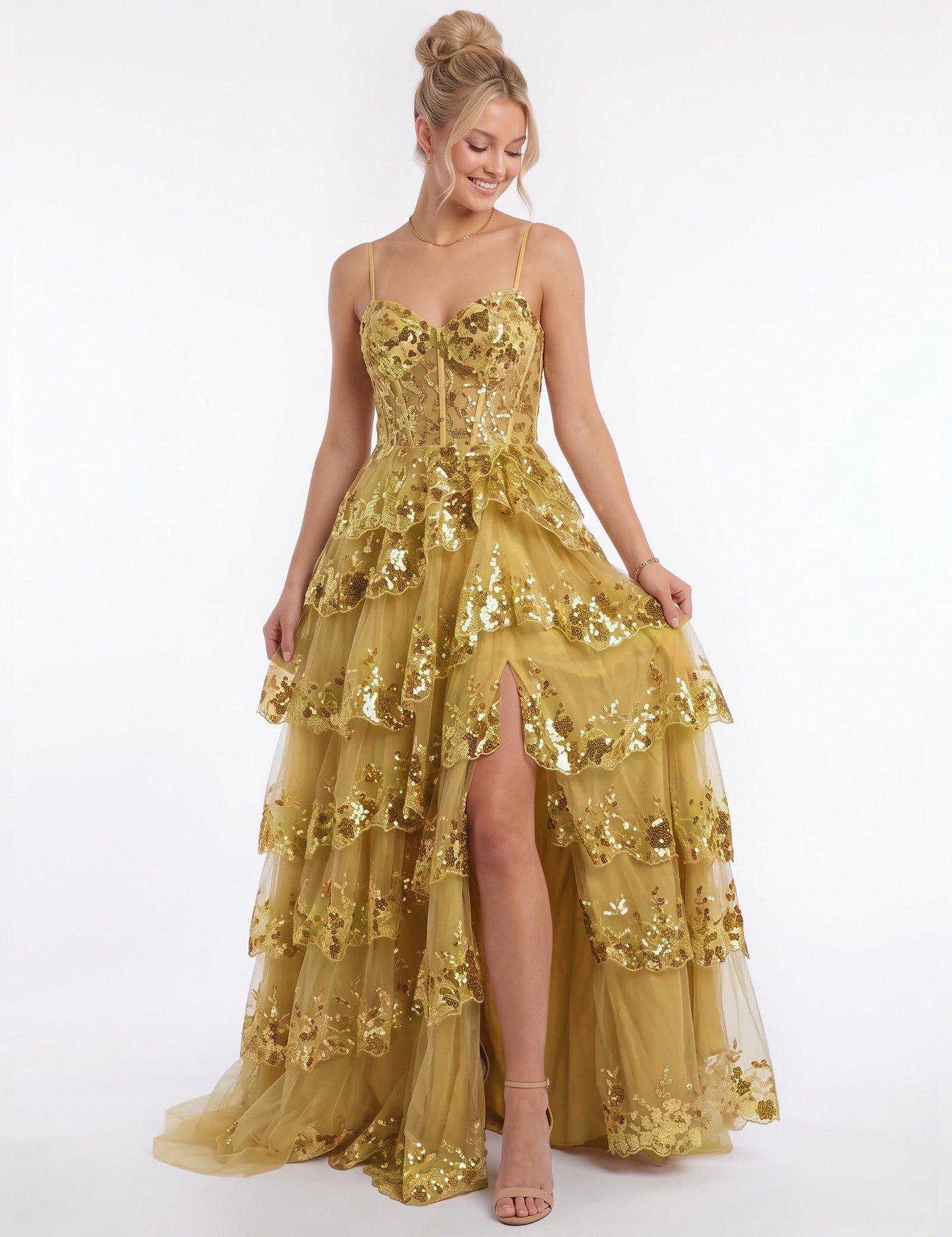 Sweetheart Spaghetti Strap Sequin Tiered Tulle Prom Dress