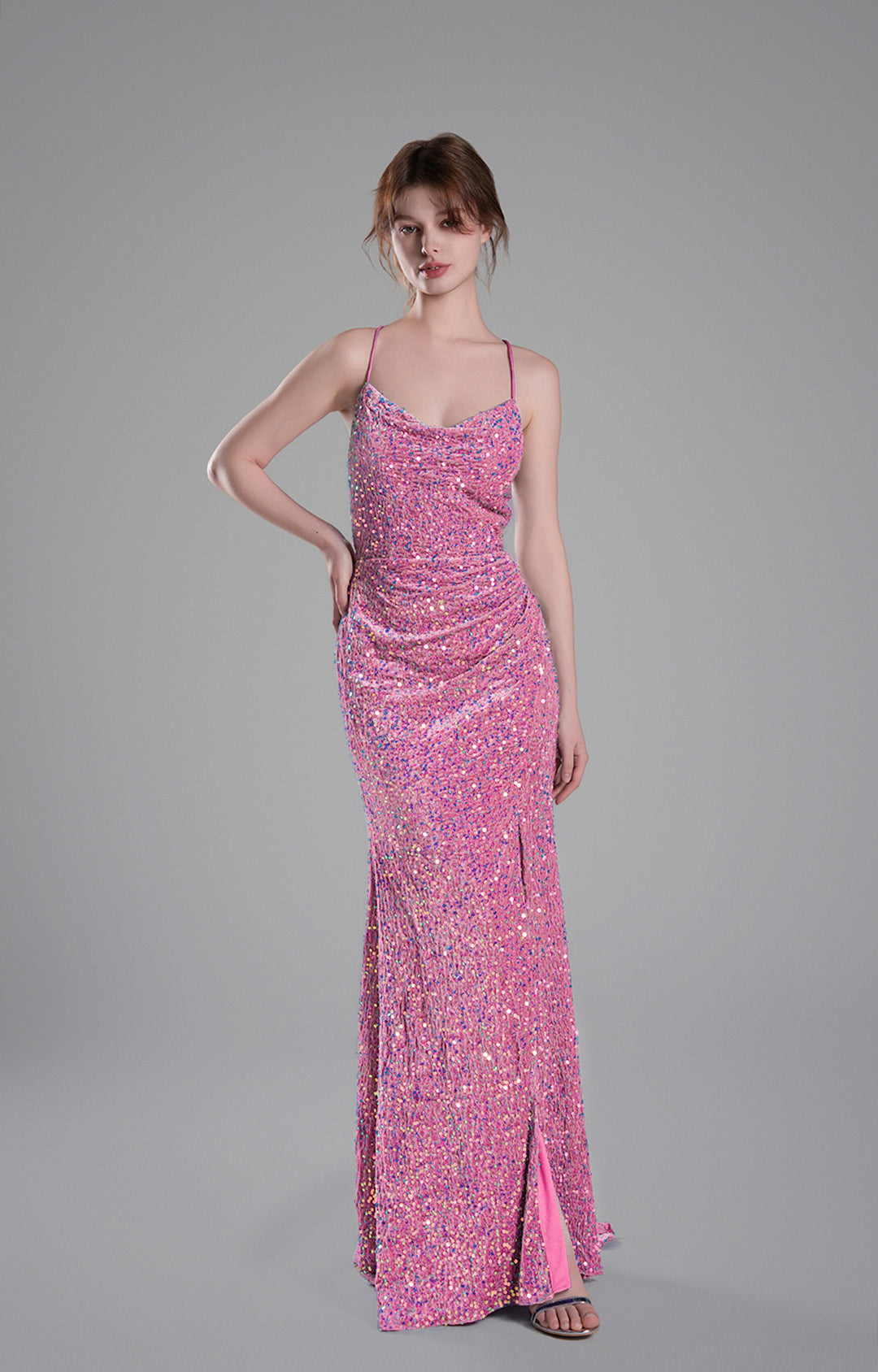 Cowl Neckline Eye-Catching Sequin Lace-Up Dresses