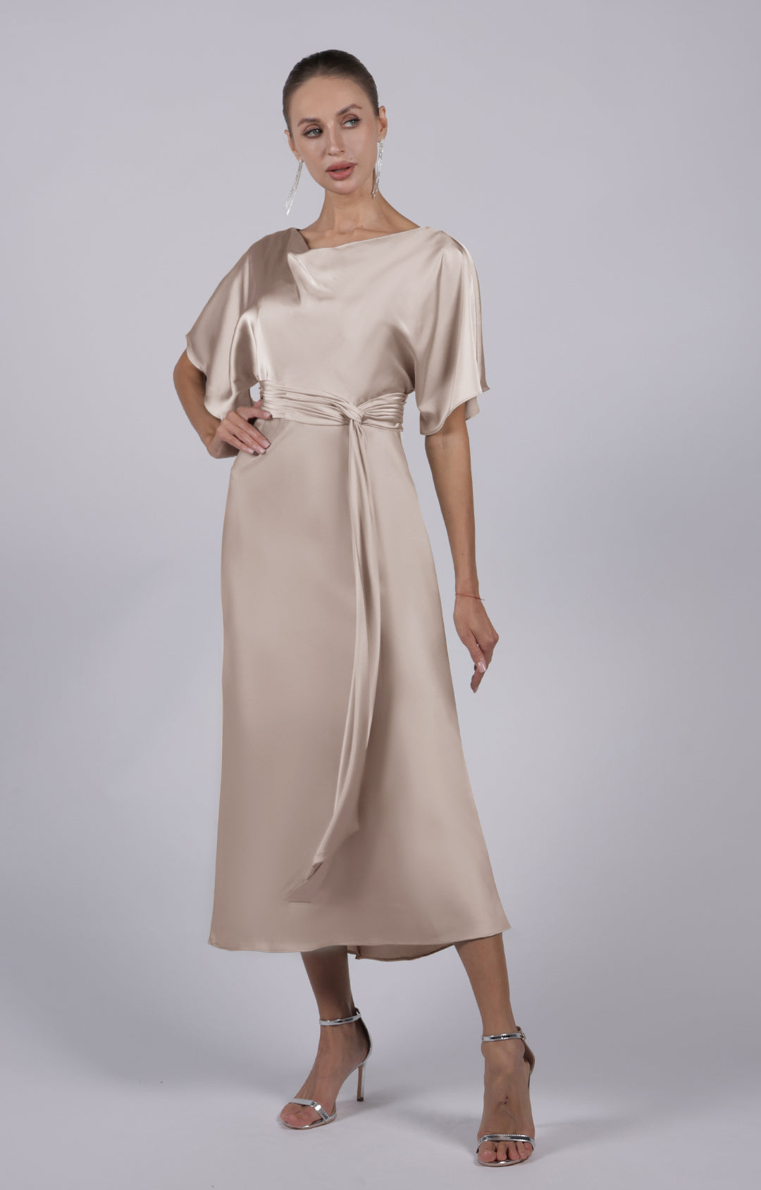 Round Neck Half Sleeves Long Belt Midi Bridesmaid Dress
