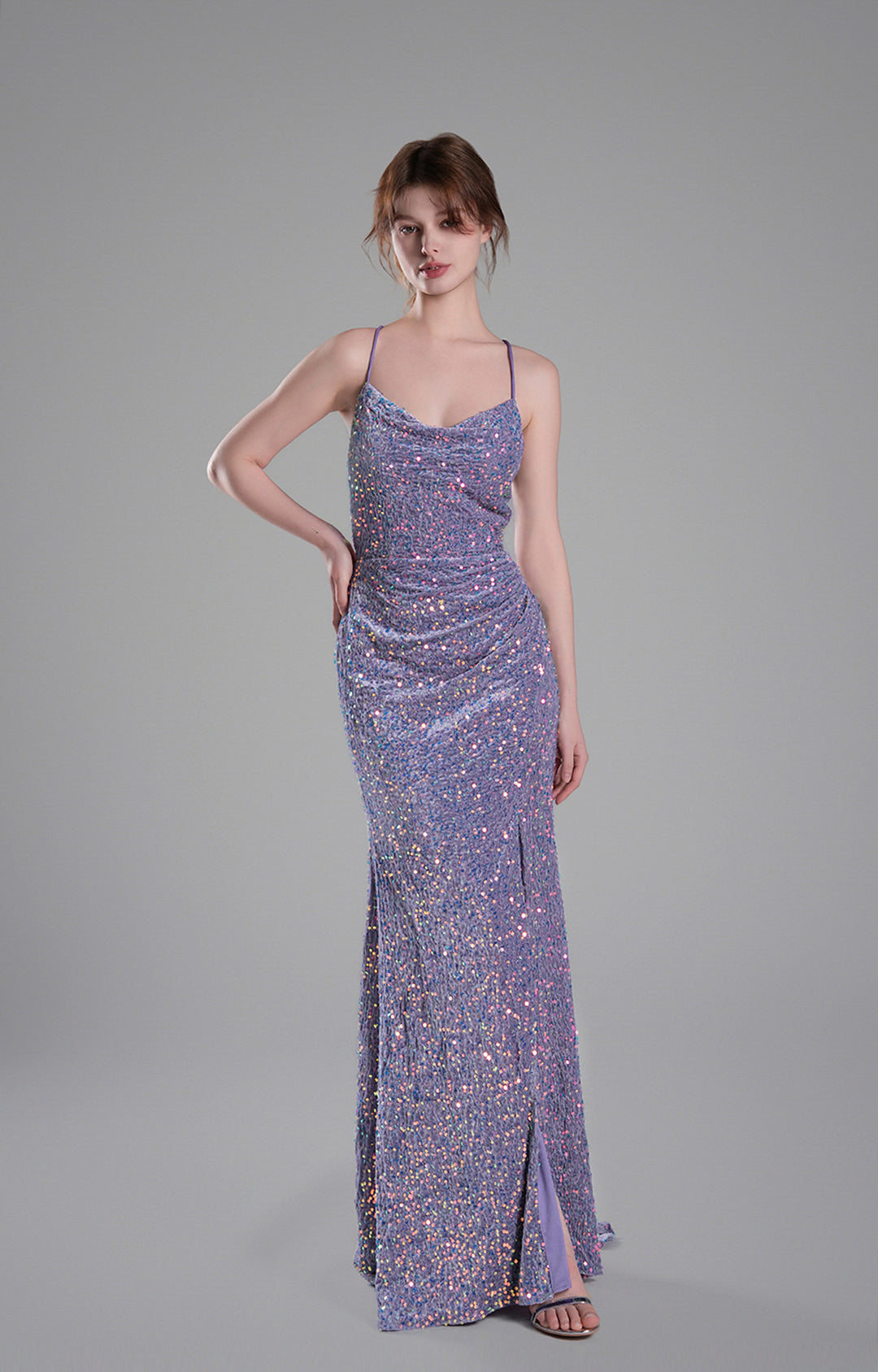 Cowl Neckline Eye-Catching Sequin Lace-Up Dresses