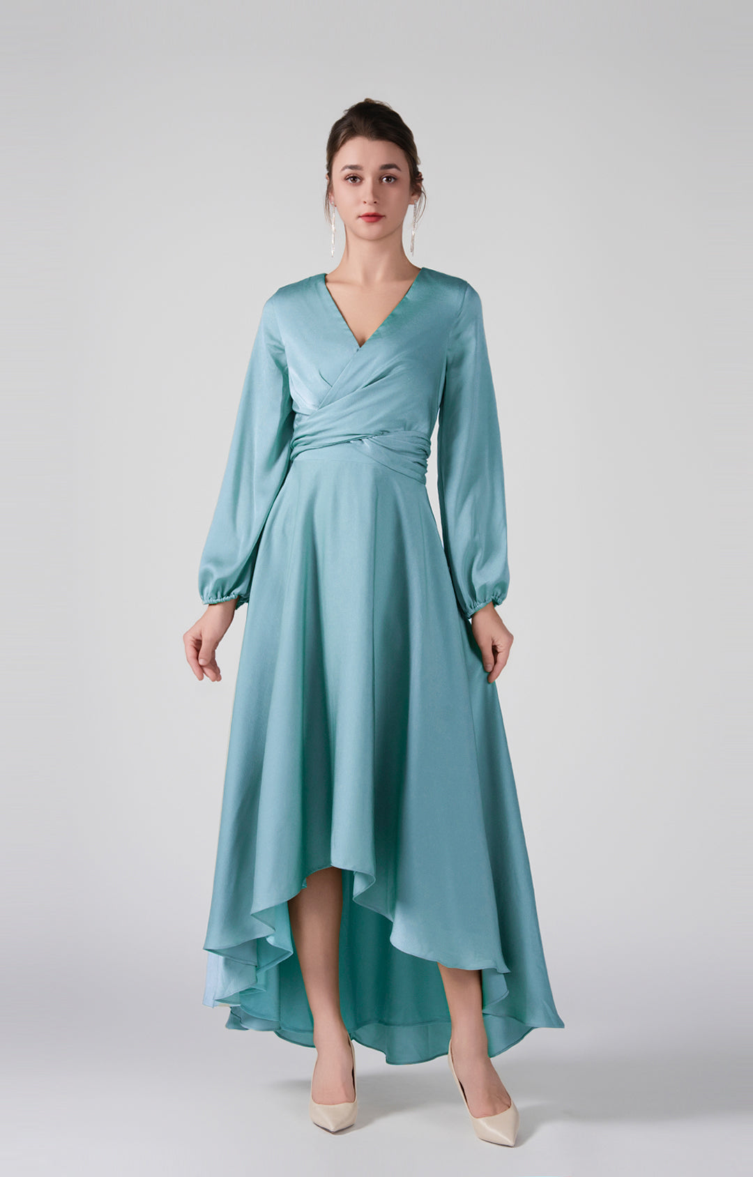 Elegant V-Neck Long Sleeves Wrapped Bodice High-Low Dresses