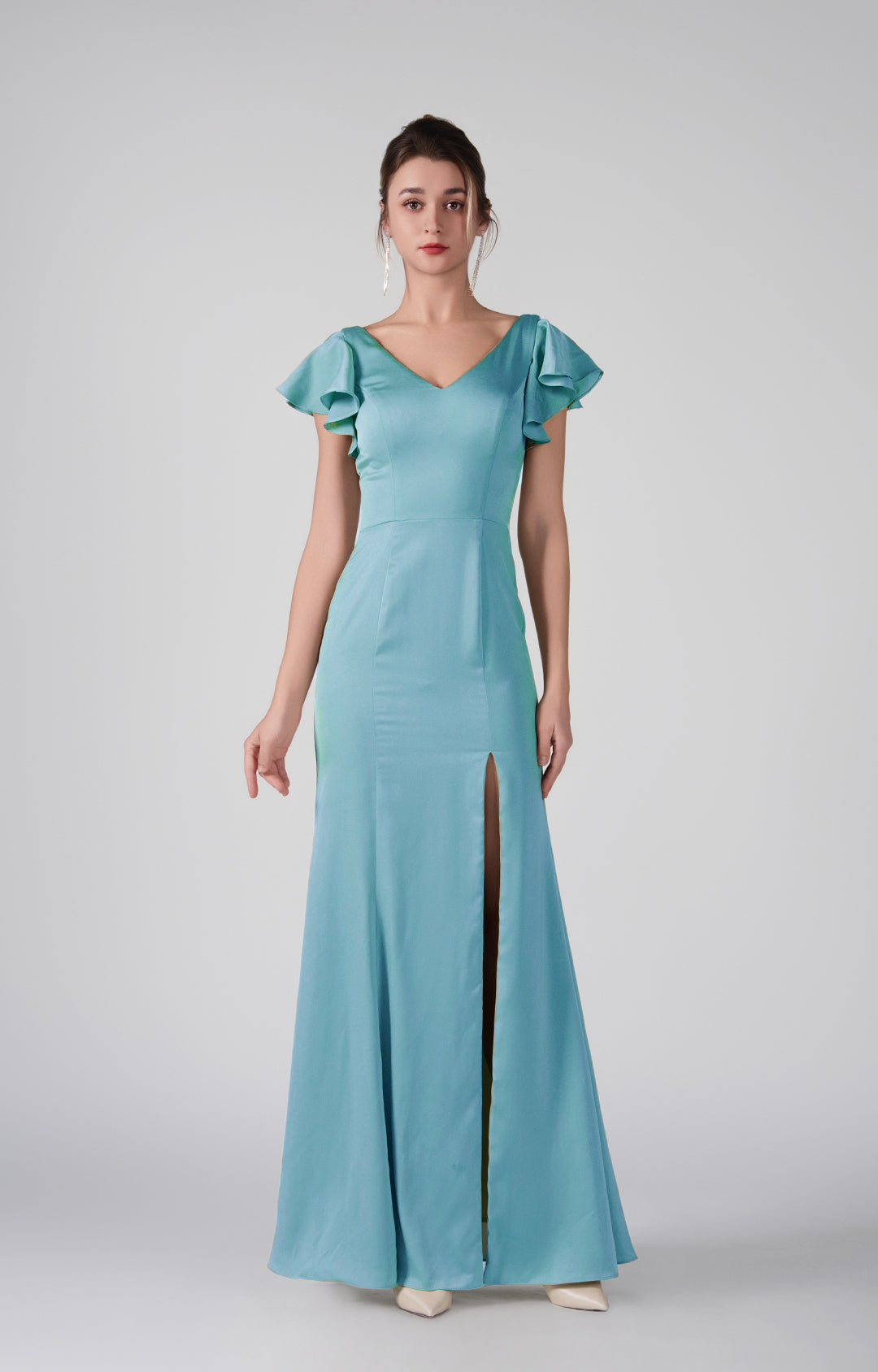 Flutter Sleeves V-Neck Fitted Front Slit Dresses