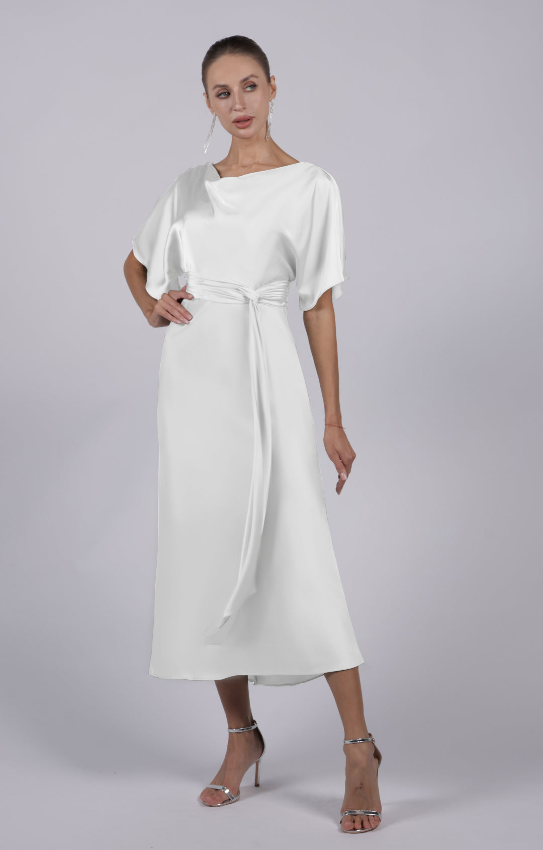 Round Neck Half Sleeves Long Belt Midi Bridesmaid Dress