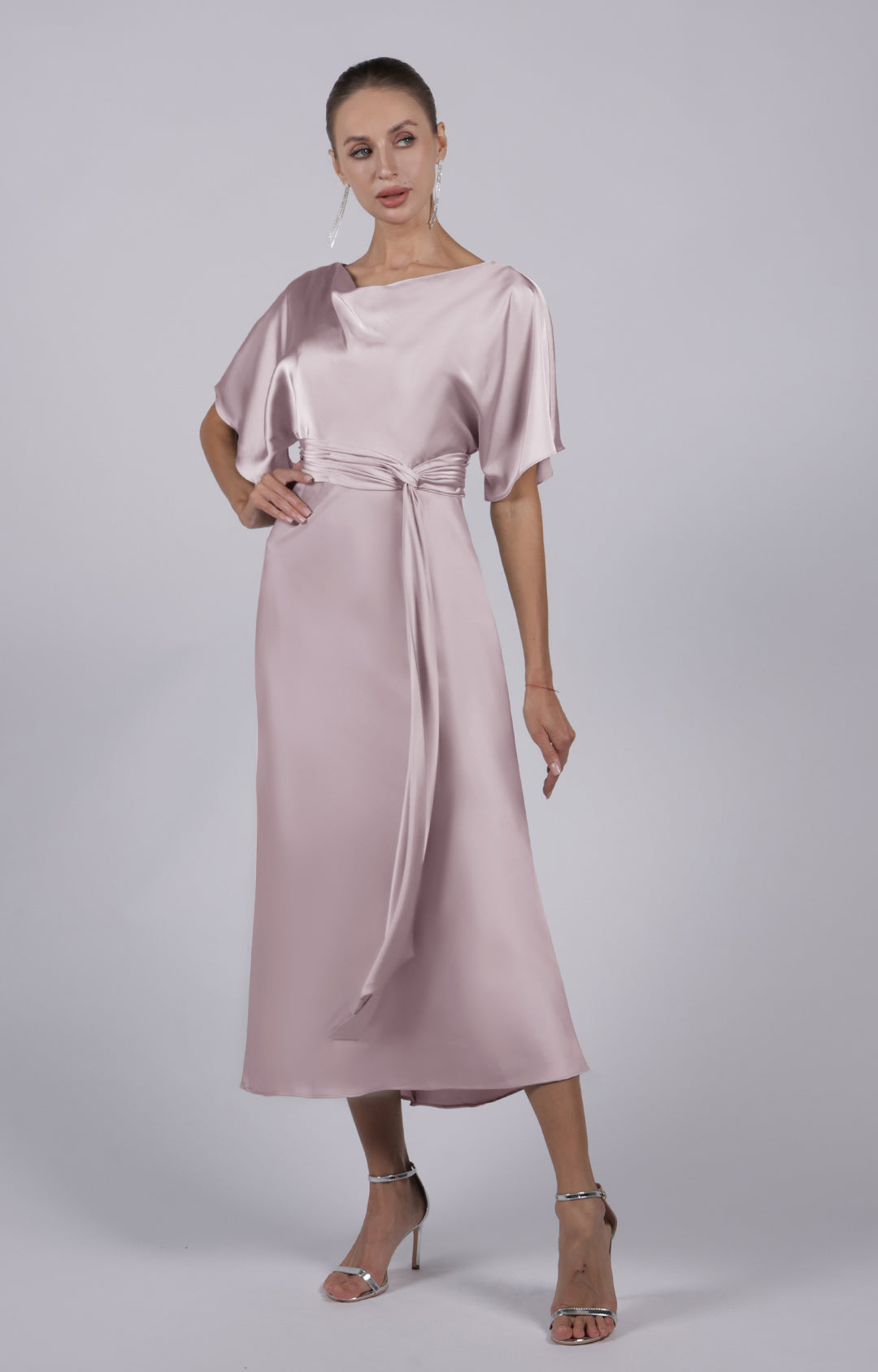 Round Neck Half Sleeves Long Belt Midi Bridesmaid Dress