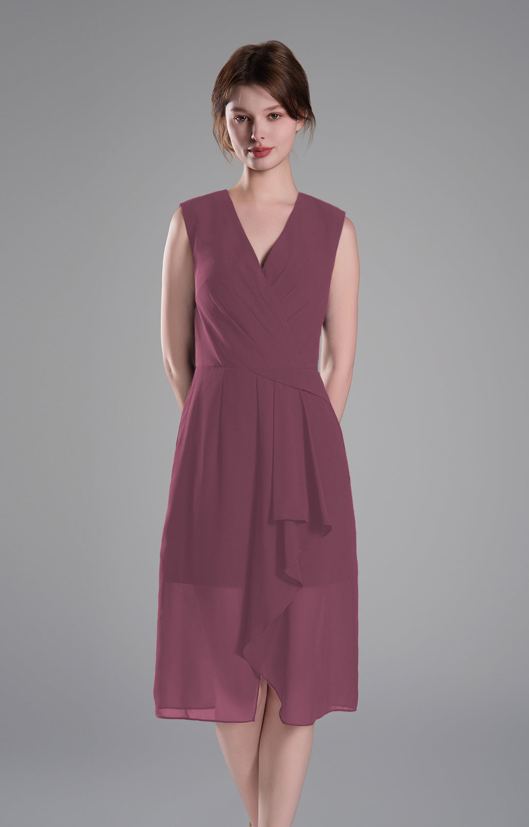 Sophisticated Pleated V-Neck Flared Hem Dress