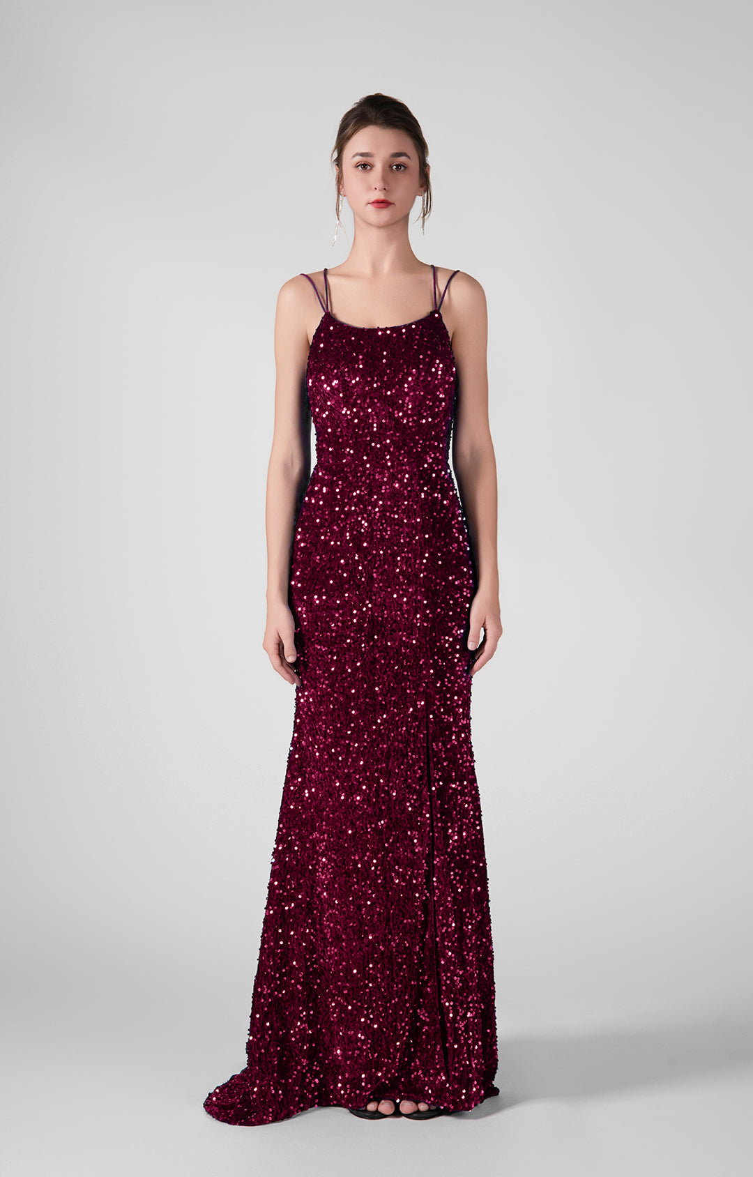 Sparkling Sequin Bodice High Slit Cross Straps Dresses