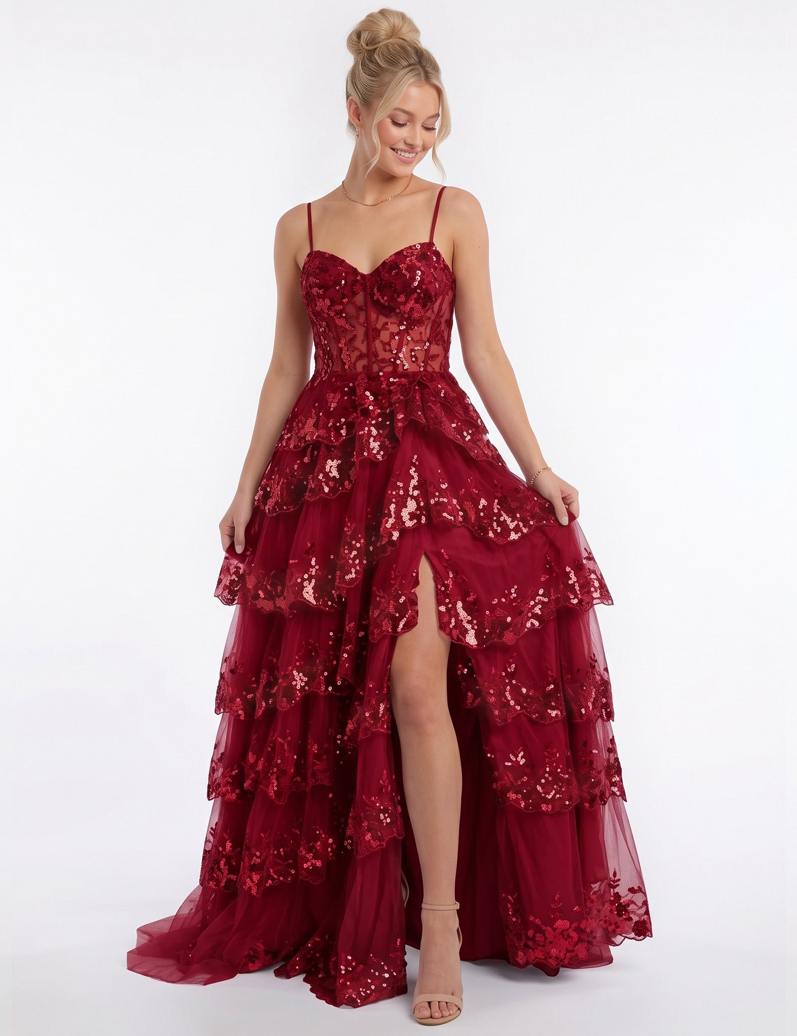 Sweetheart Spaghetti Strap Sequin Tiered Tulle Prom Dress