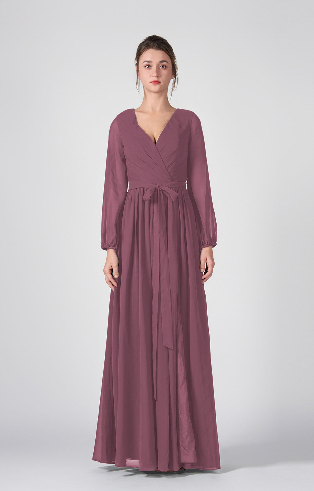 Ruched V-Neck Long Sleeve Split Maxi Dresses with Tie