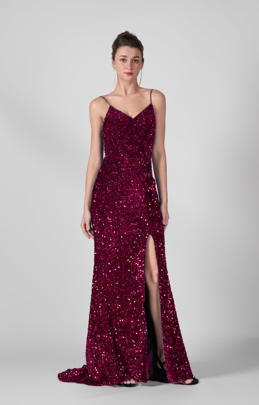 Spaghetti Straps Sequin High Slit Backless Dresses