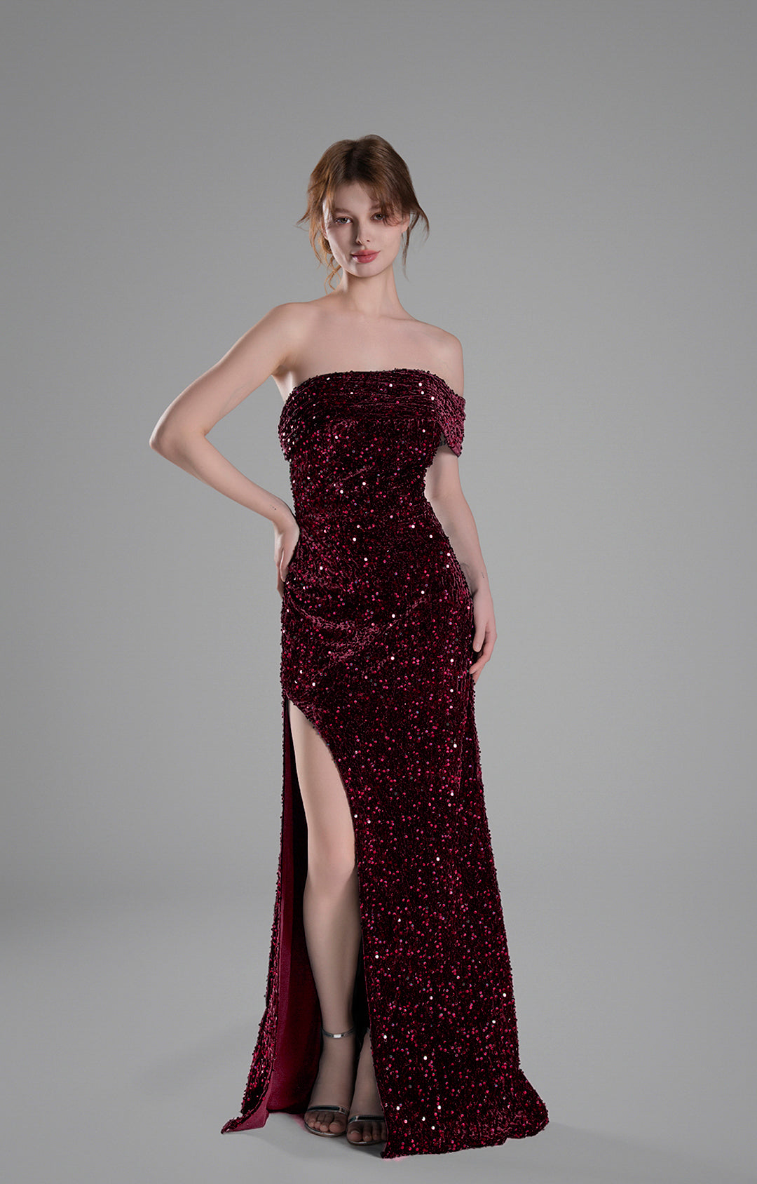 Off-Shoulder Draped Mieder Pailletten Schwungvolle Kleider