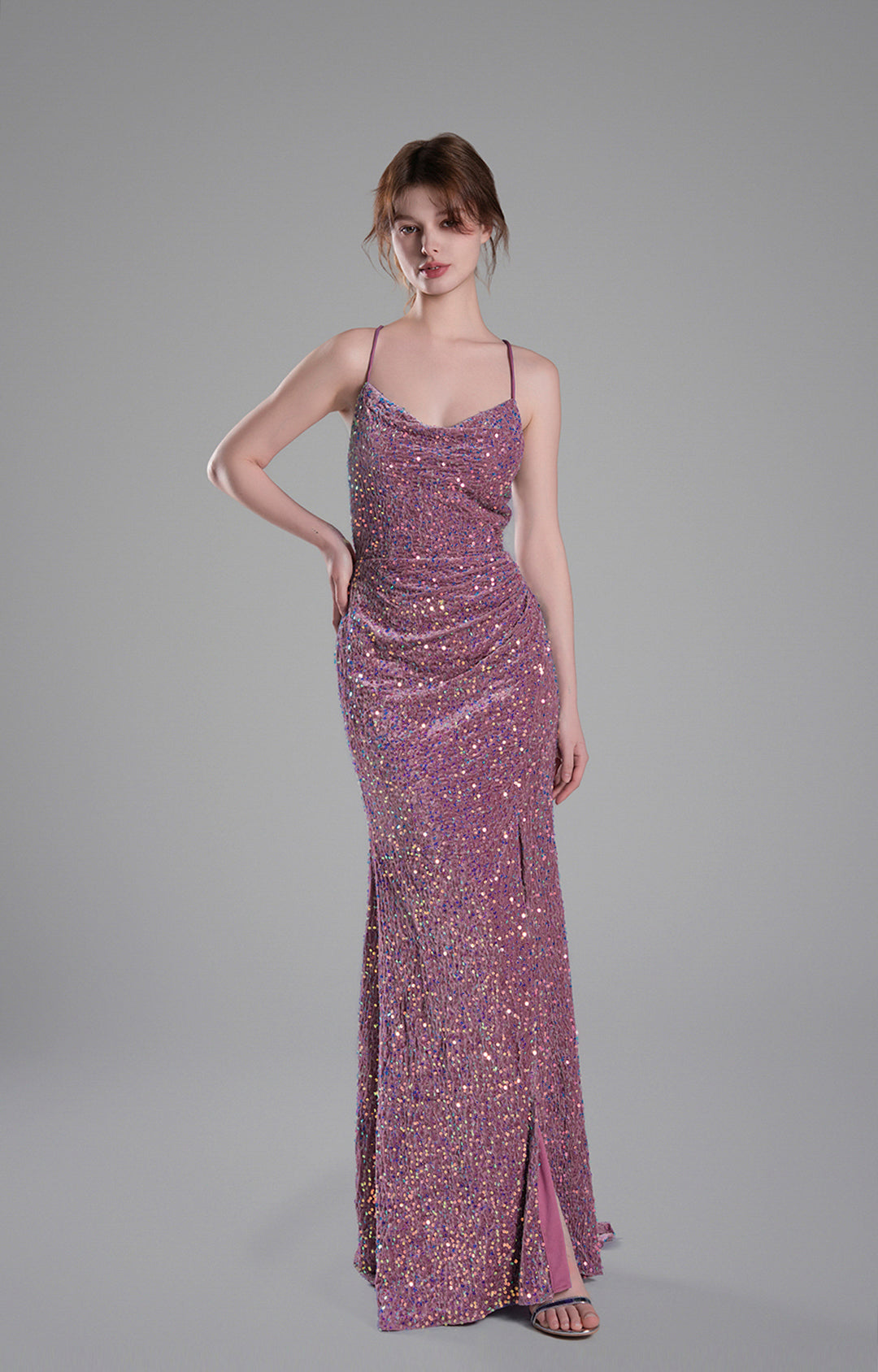 Cowl Neckline Eye-Catching Sequin Lace-Up Dresses