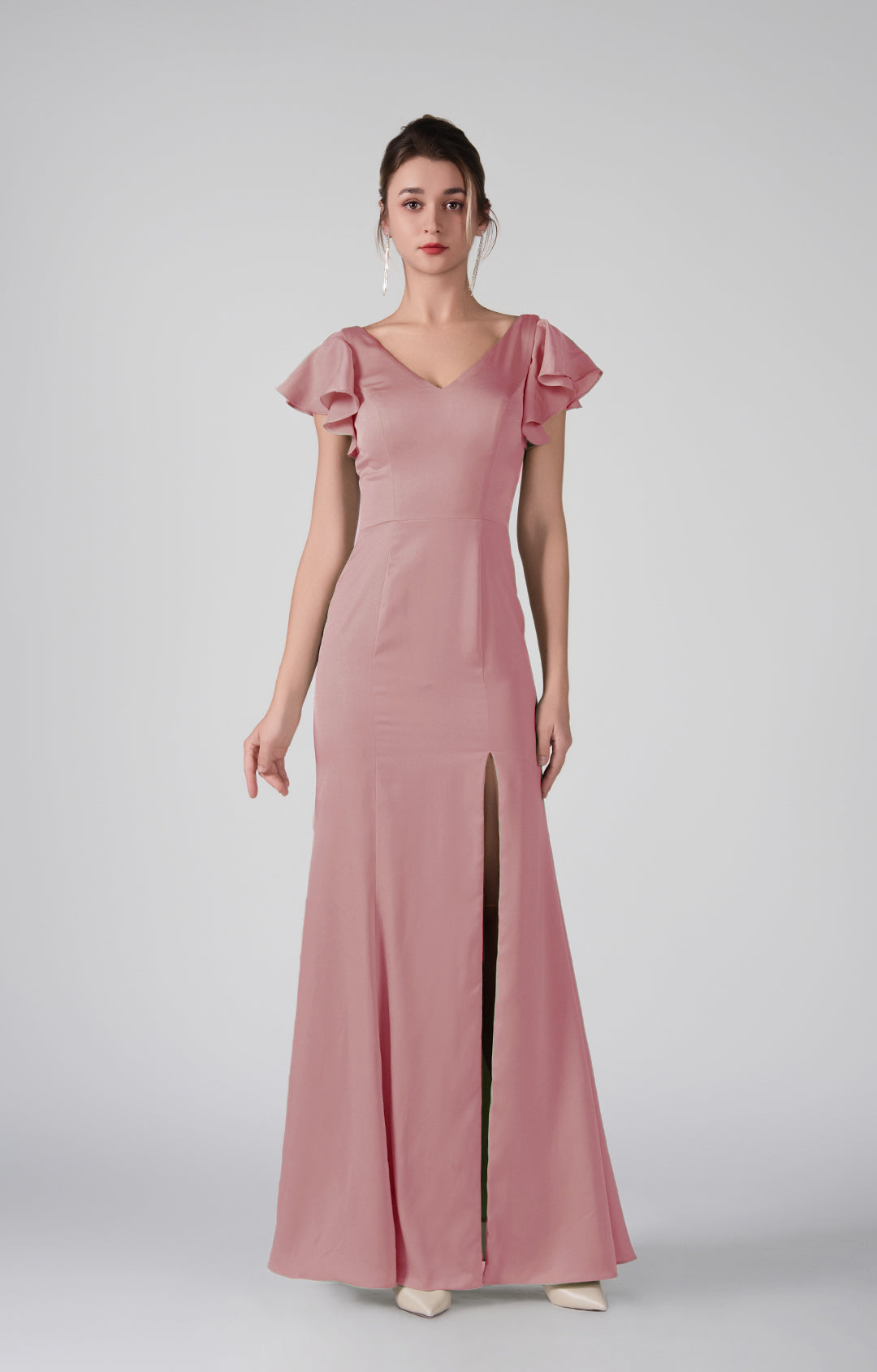 Flutter Sleeves V-Neck Fitted Front Slit Dresses