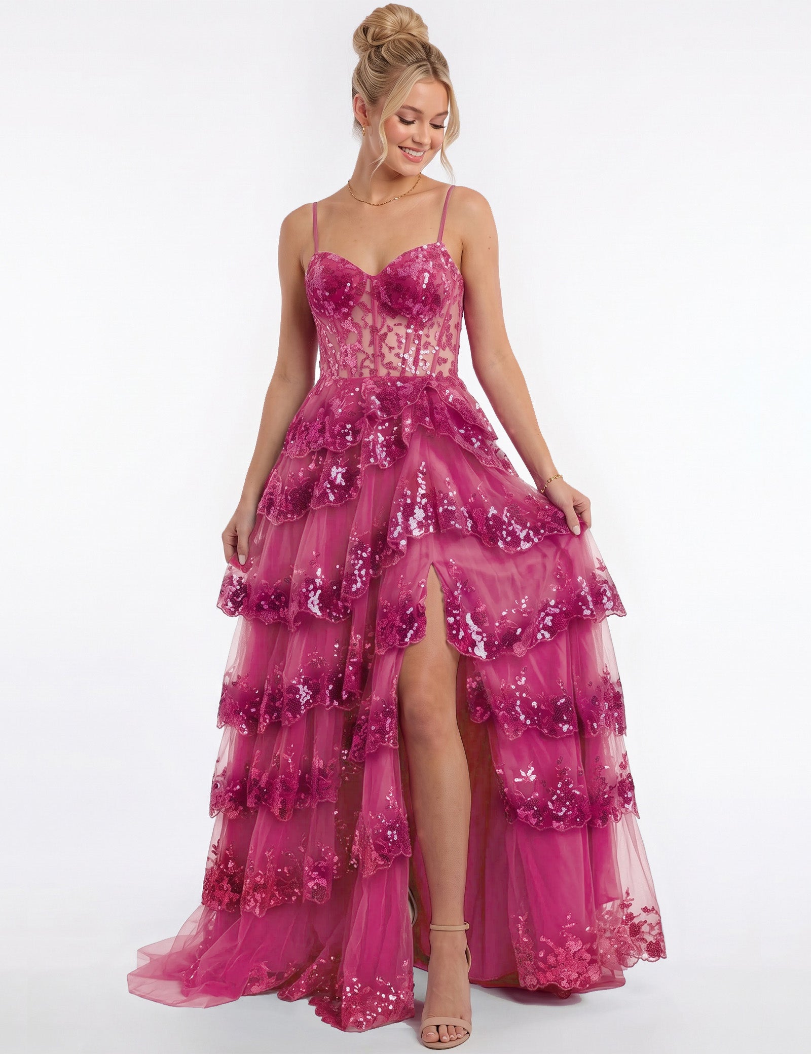 Sweetheart Spaghetti Strap Sequin Tiered Tulle Prom Dress