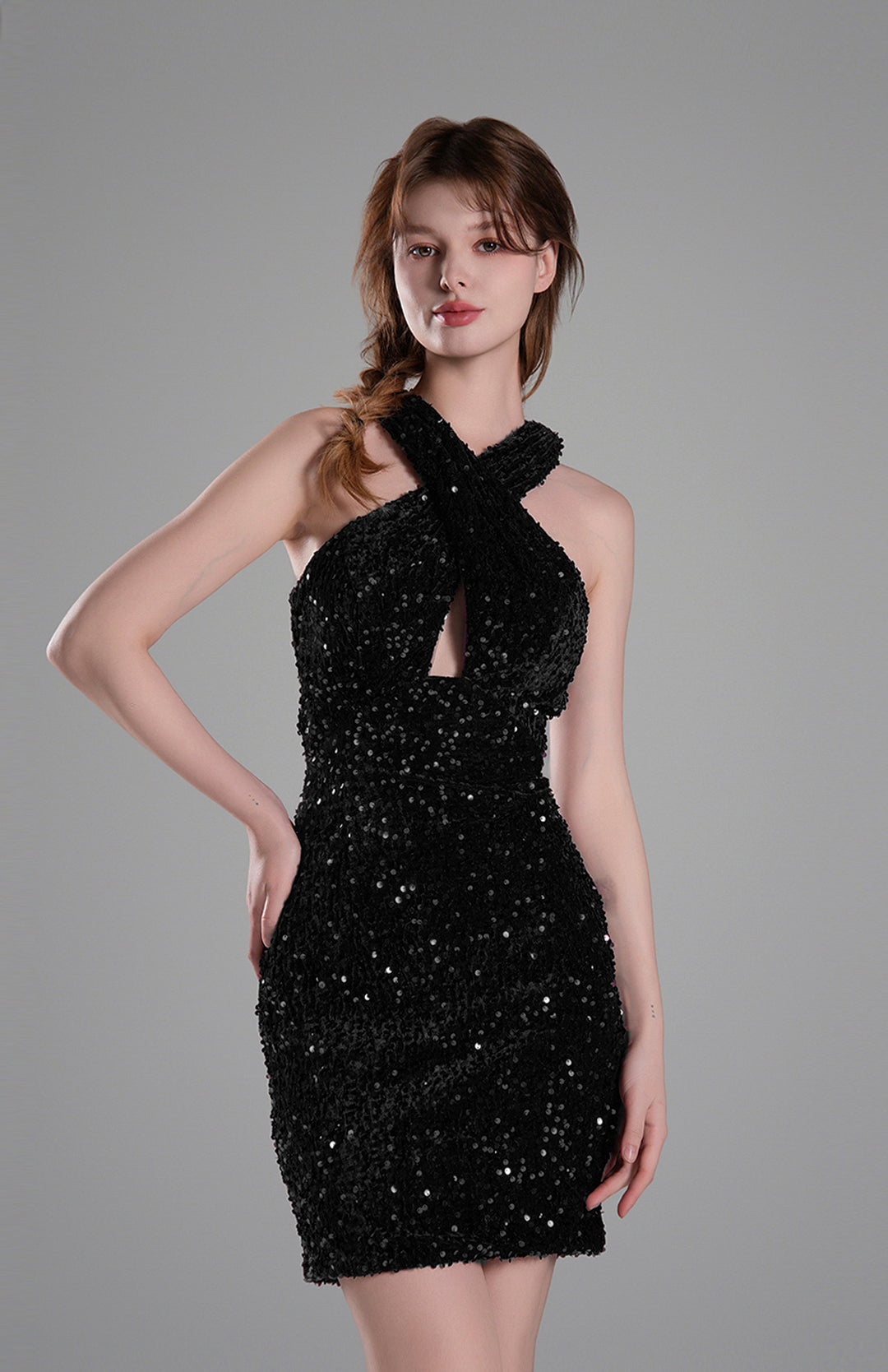 Criss Cross Neck Backless Sequins Mini Dresses