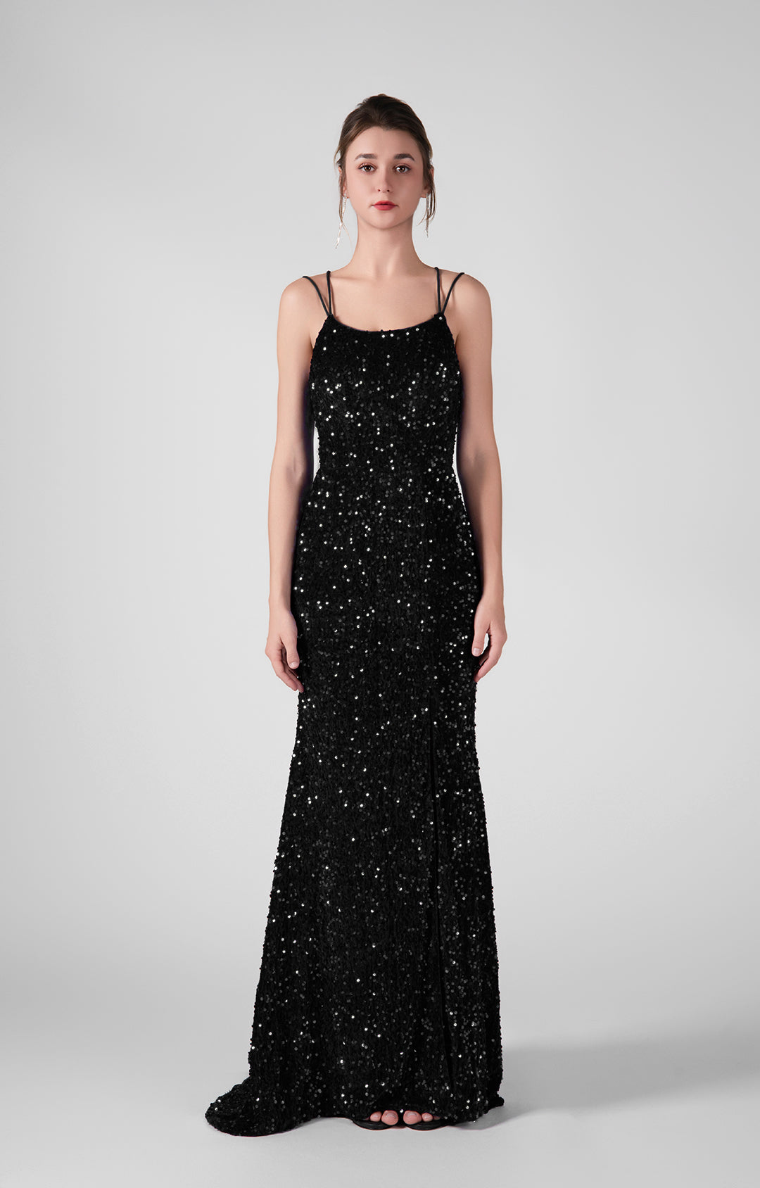 Sparkling Sequin Bodice High Slit Cross Straps Dresses