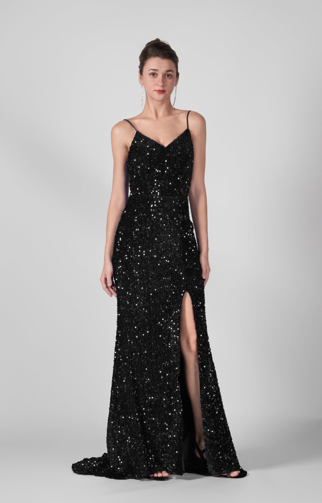 Spaghetti Straps Sequin High Slit Backless Dresses