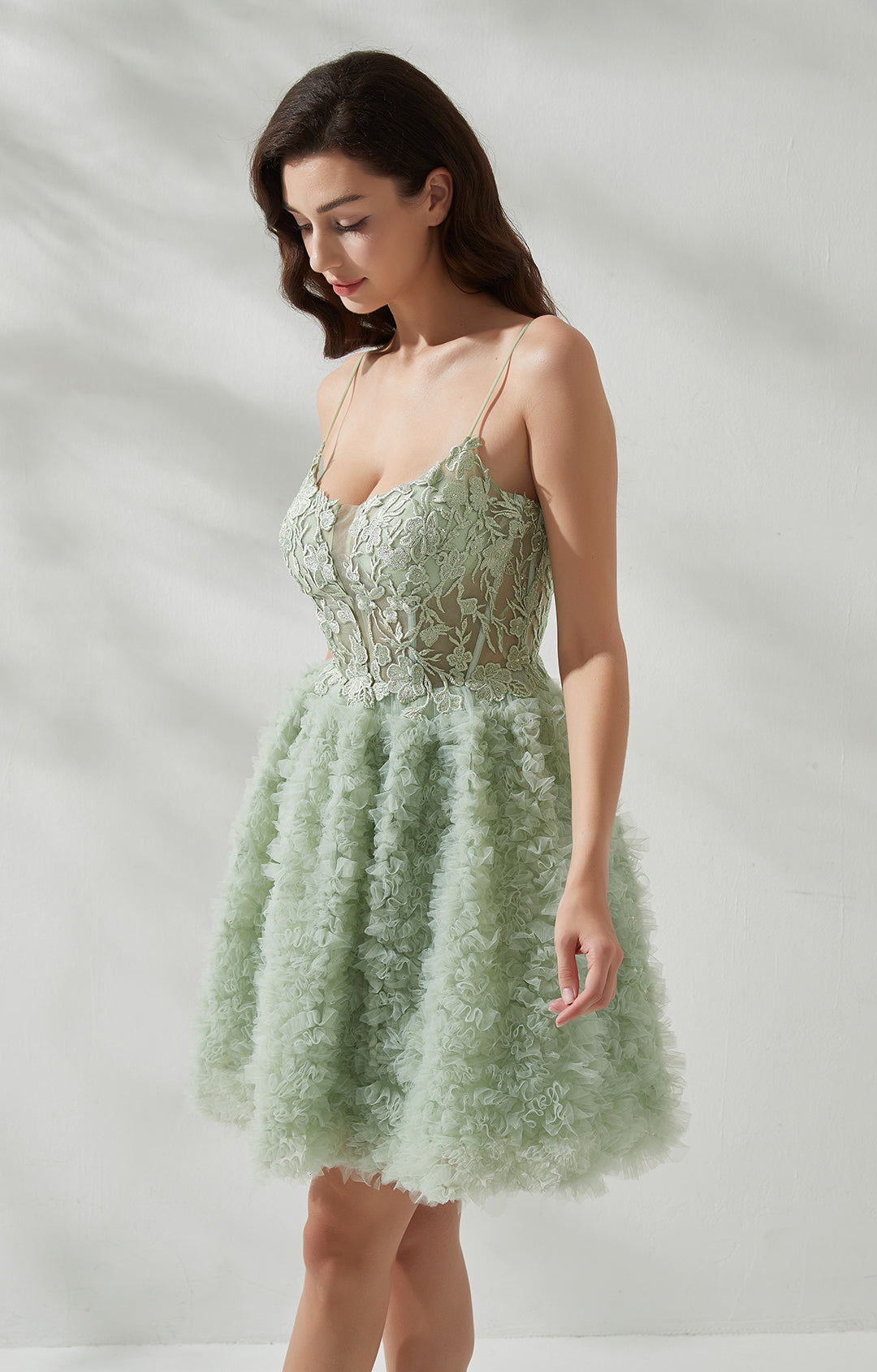 Spaghetti Strap Embroidered Bodice Tulle Puffy Cocktail Short Dress