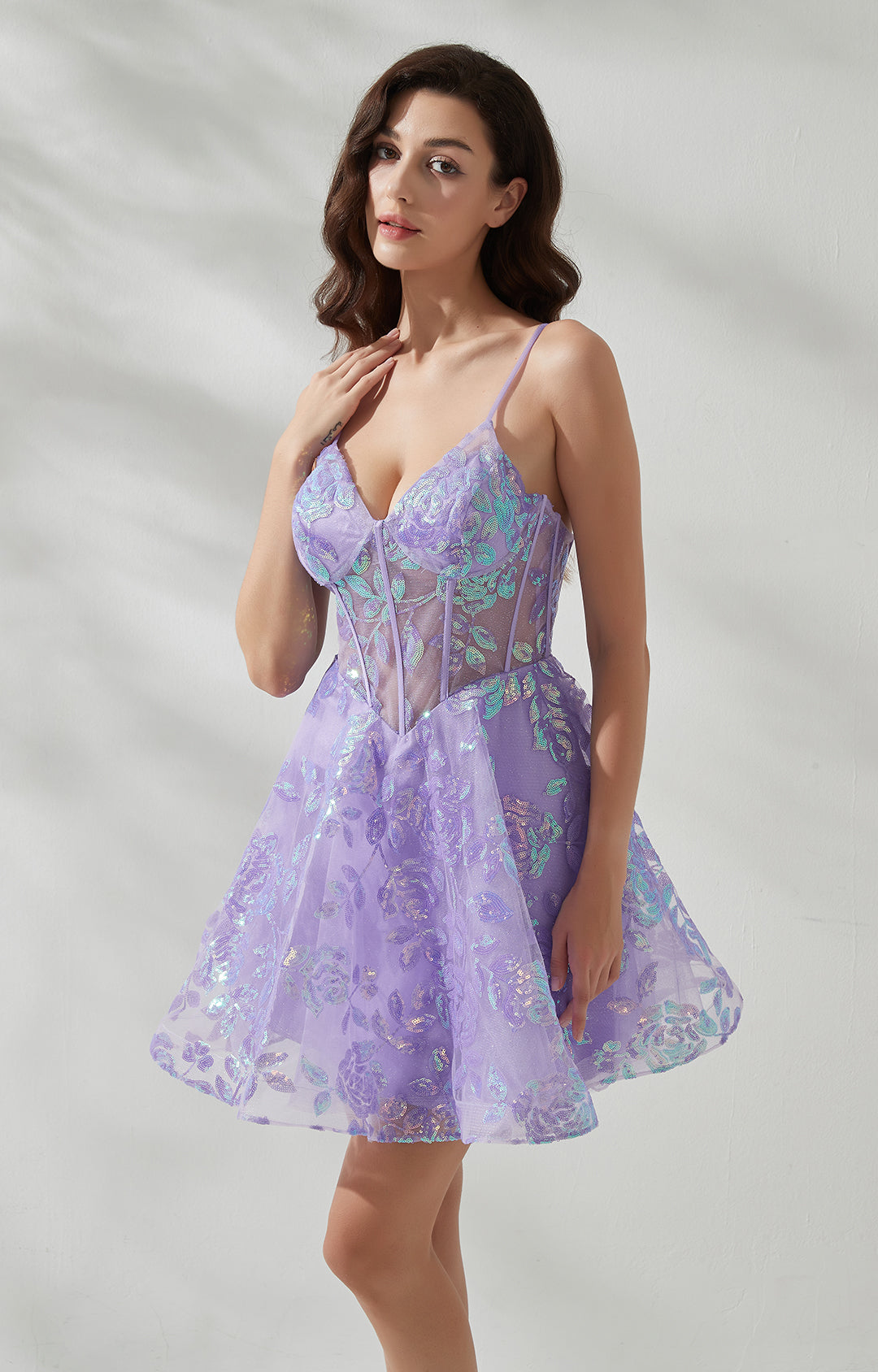 V-Neck Spaghetti Straps Illusion Sequins Mesh Party Mini Dresses