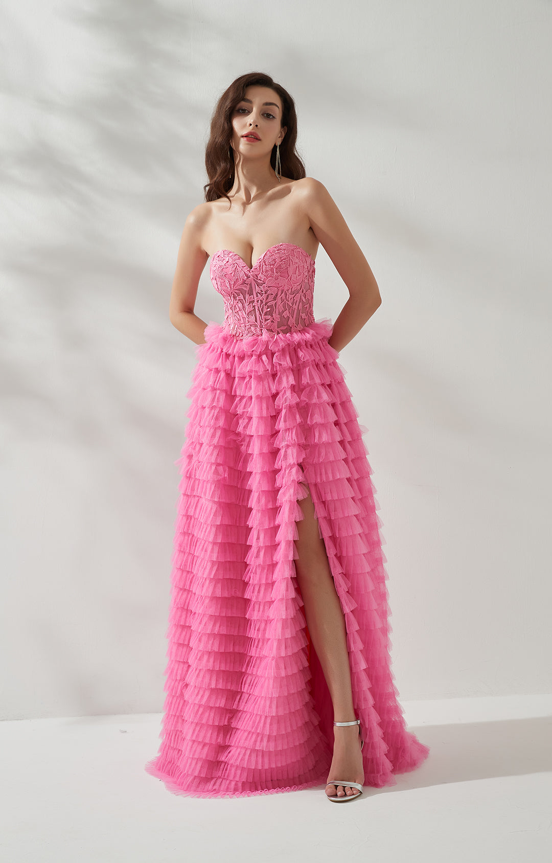 Strapless Lace Bodice Split Tulle Tiered Floor Length Dress