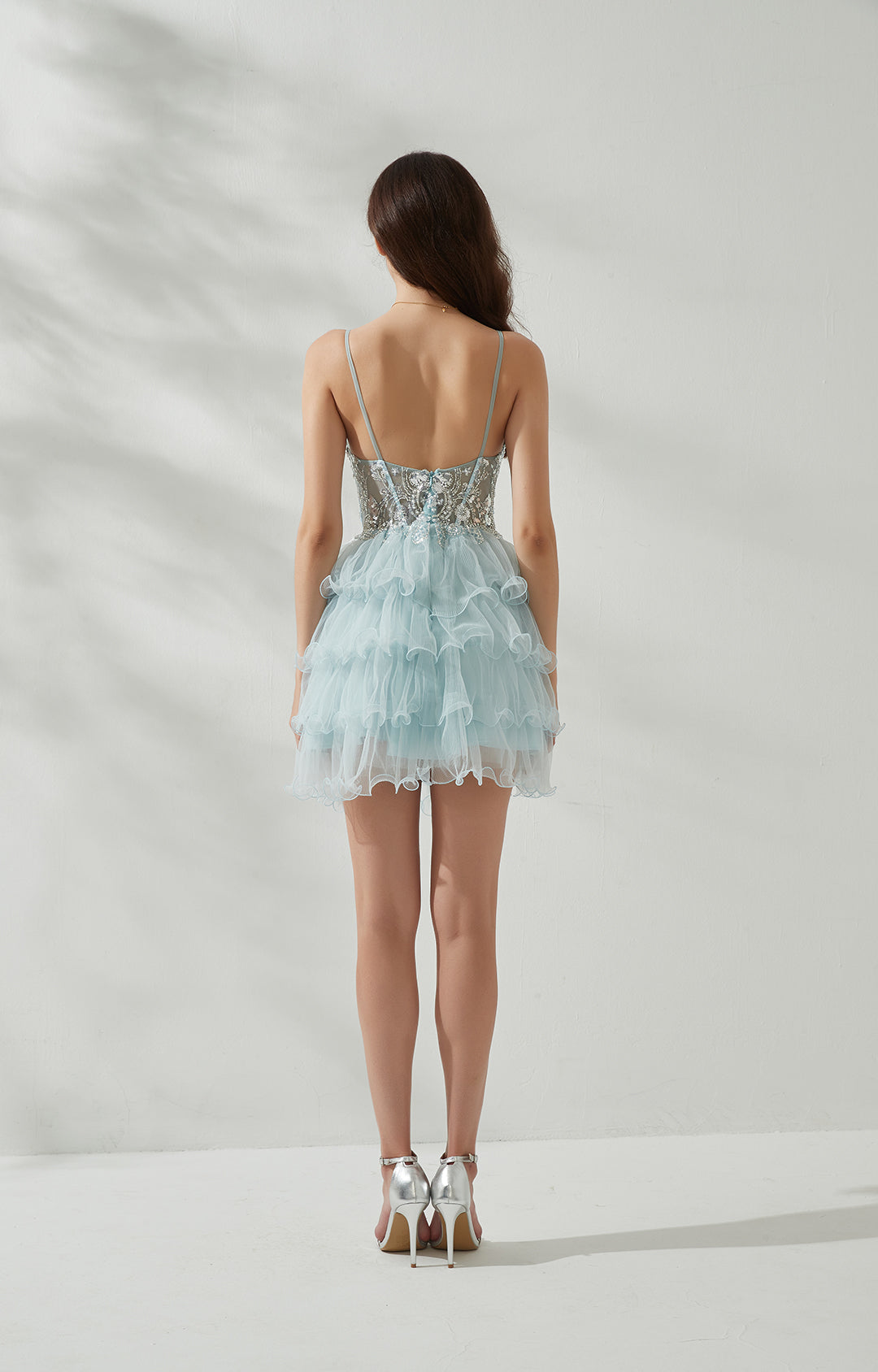 Spaghetti Straps Back Zipper Sequin Tulle Tiered Puffy Cocktail
