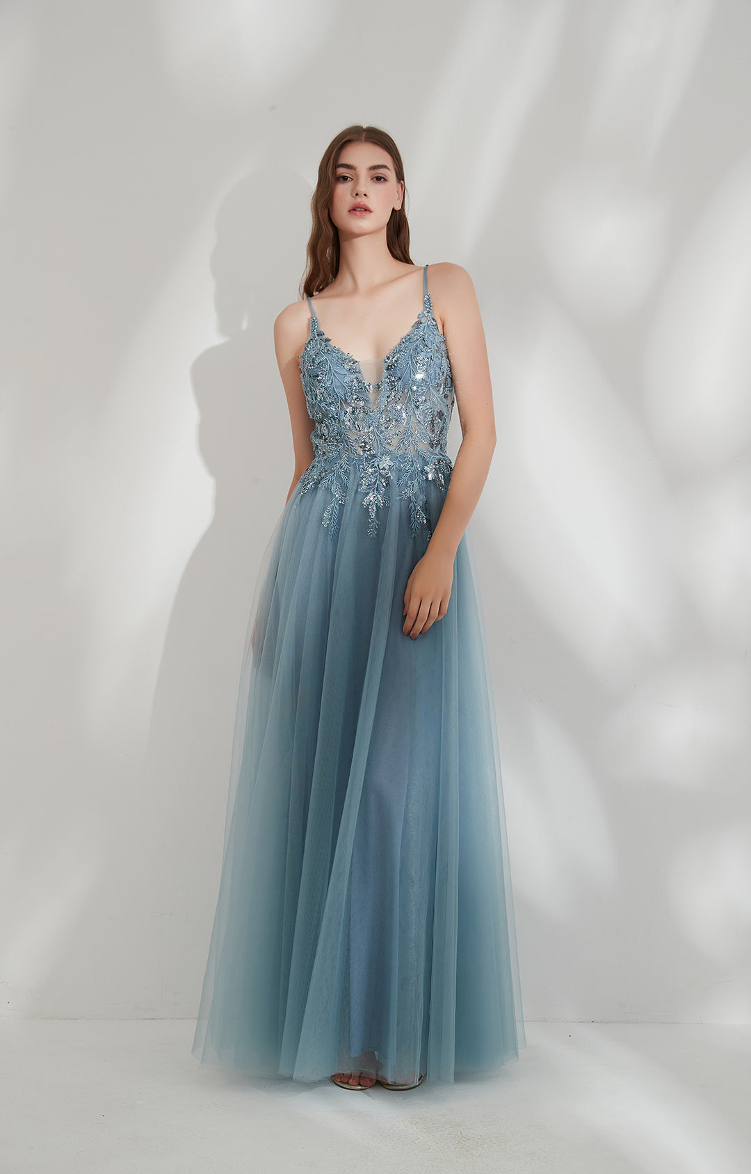 V-Neck Spaghetti Straps Sequin Appliqued Prom Dresses