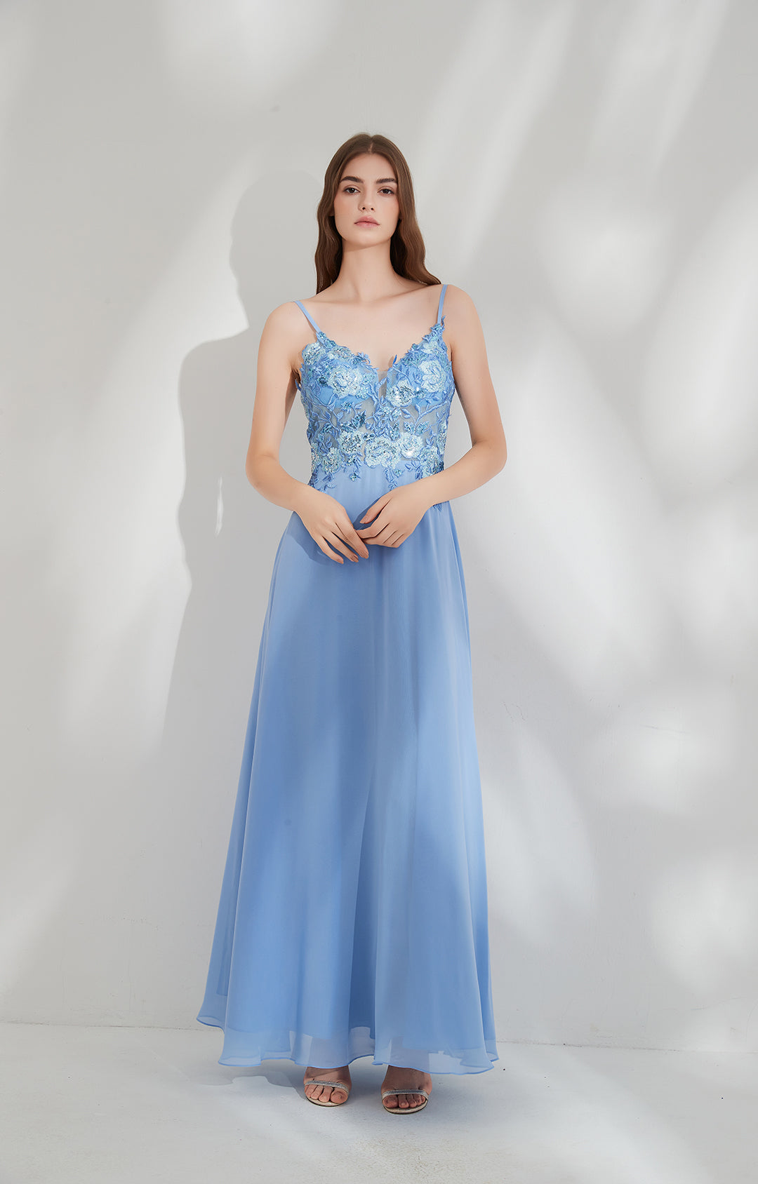 Floor-length Embroidery Floral Top Spaghetti Strap Chiffon Dresses