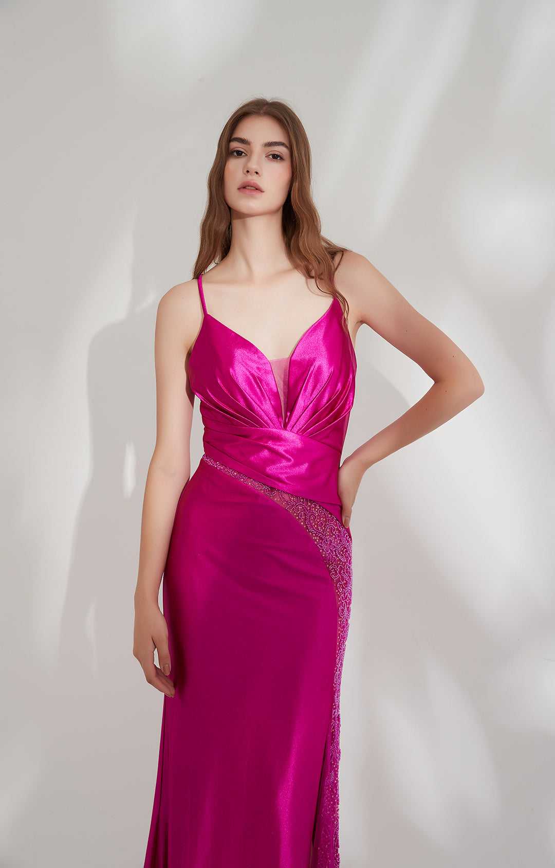 Sheath Spaghetti Straps Satin Mesh Beads Sweep Train Evening Dress