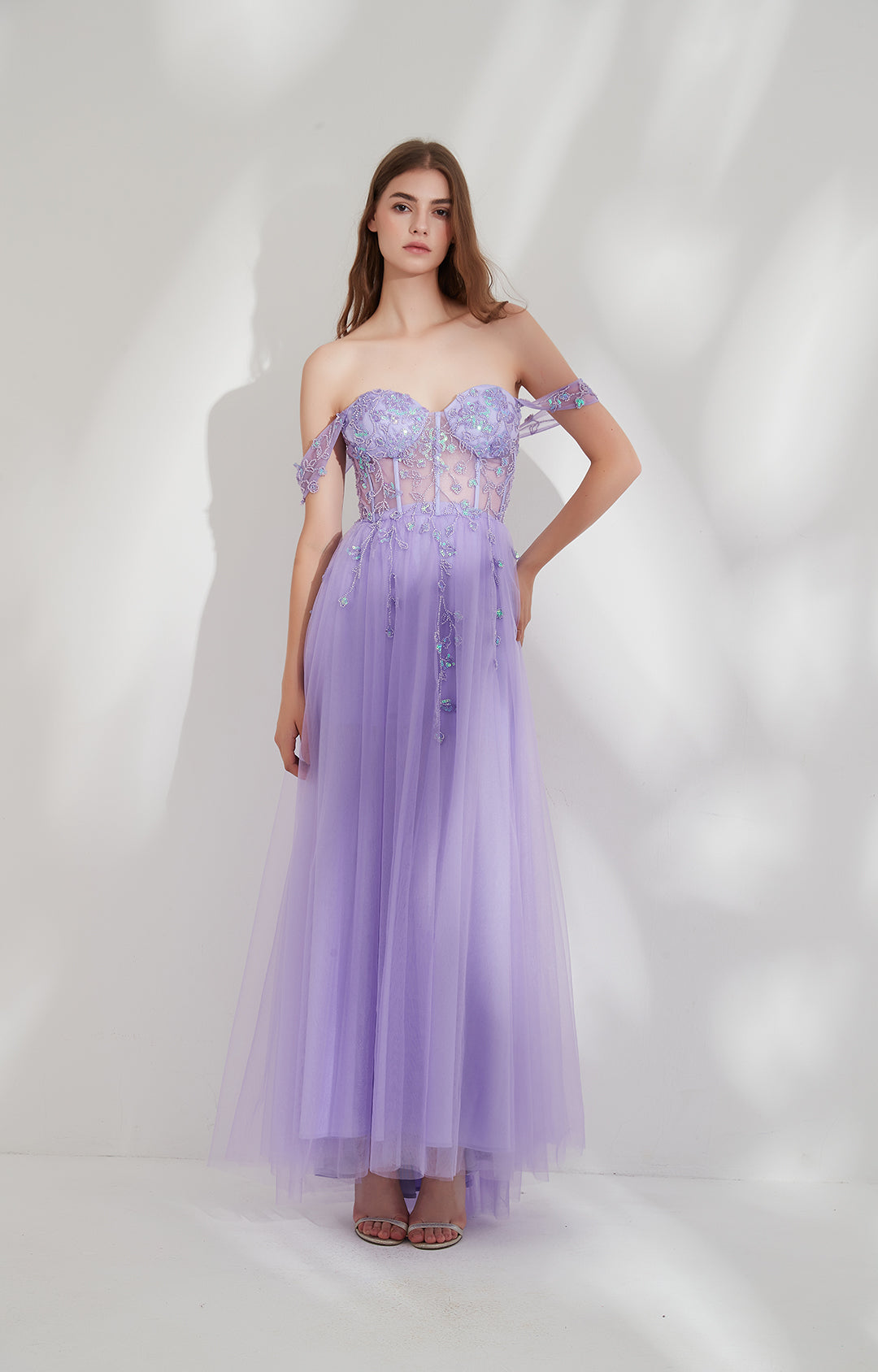 Heart Neckline Off-Shoulder Beads Appliqued Embroidered Prom Dresses