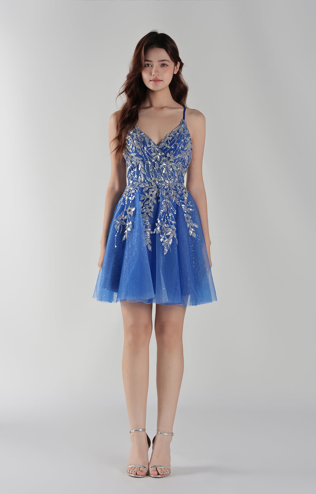 V-Neck Backless Spaghetti Straps Sequins Tulle Short Dress